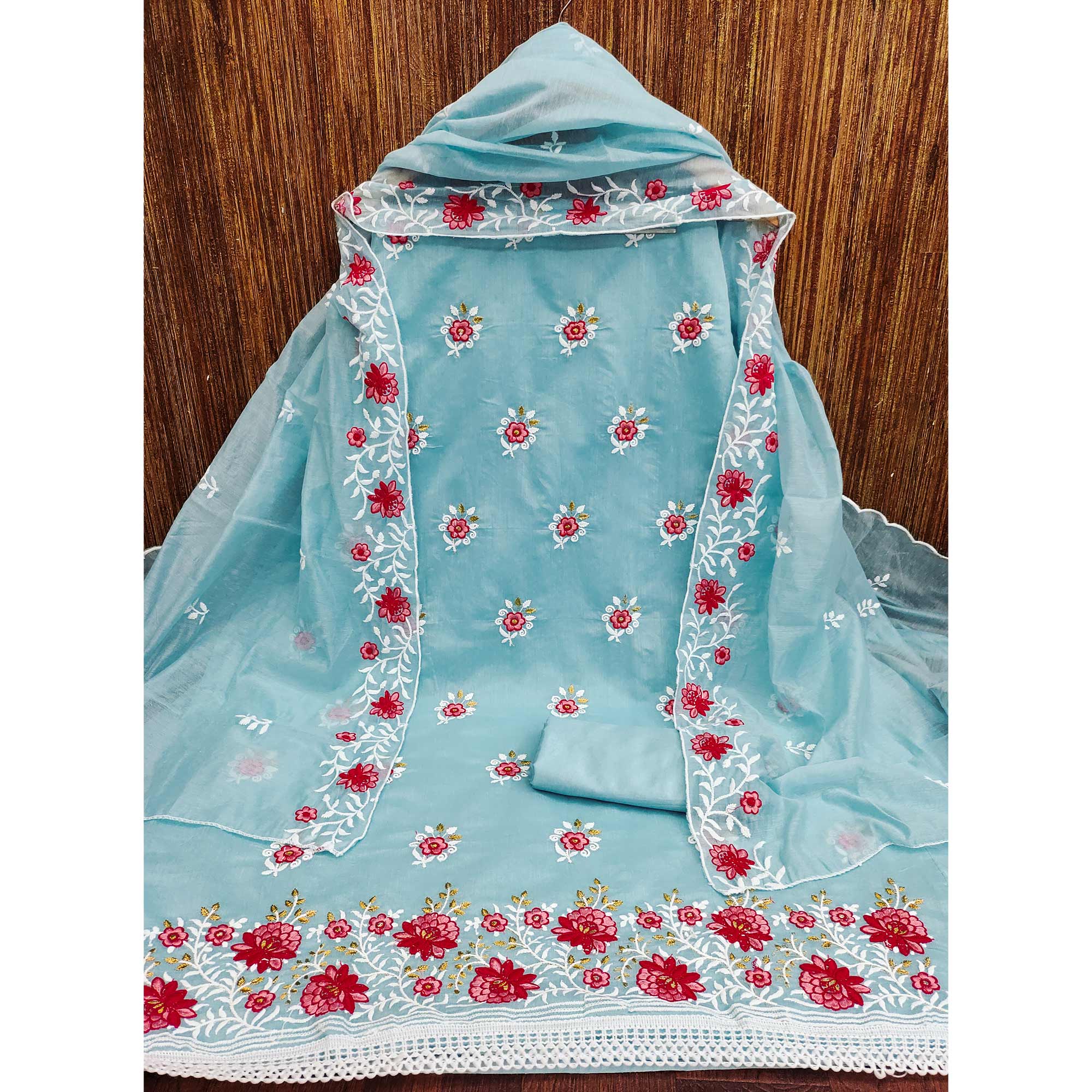 Blue Floral Embroidered Chanderi Cotton Dress Material