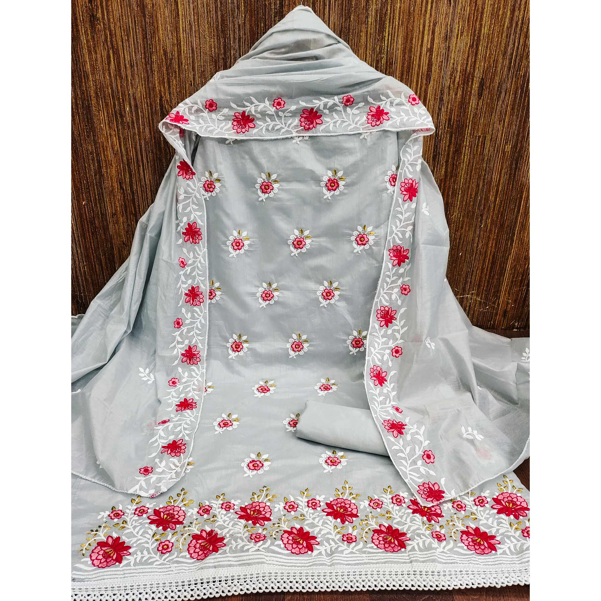Grey Floral Embroidered Chanderi Cotton Dress Material