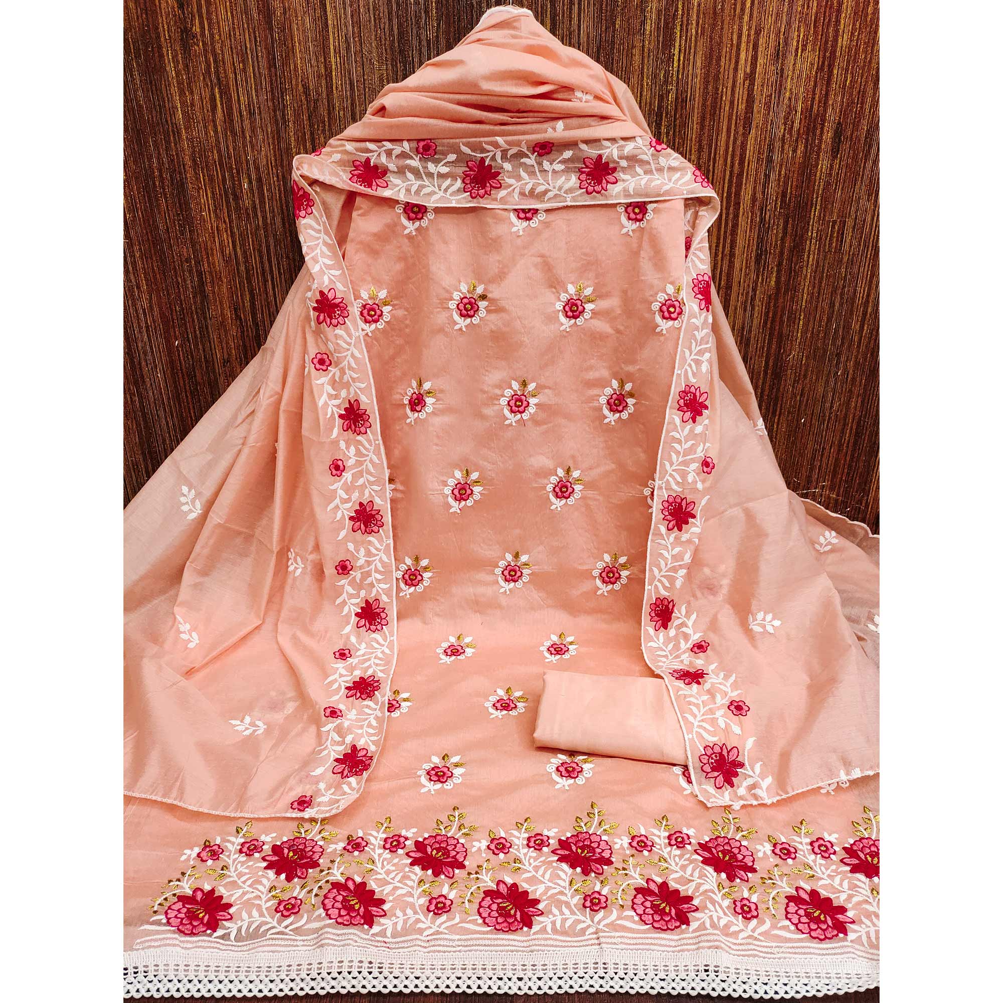 Peach Floral Embroidered Chanderi Cotton Dress Material