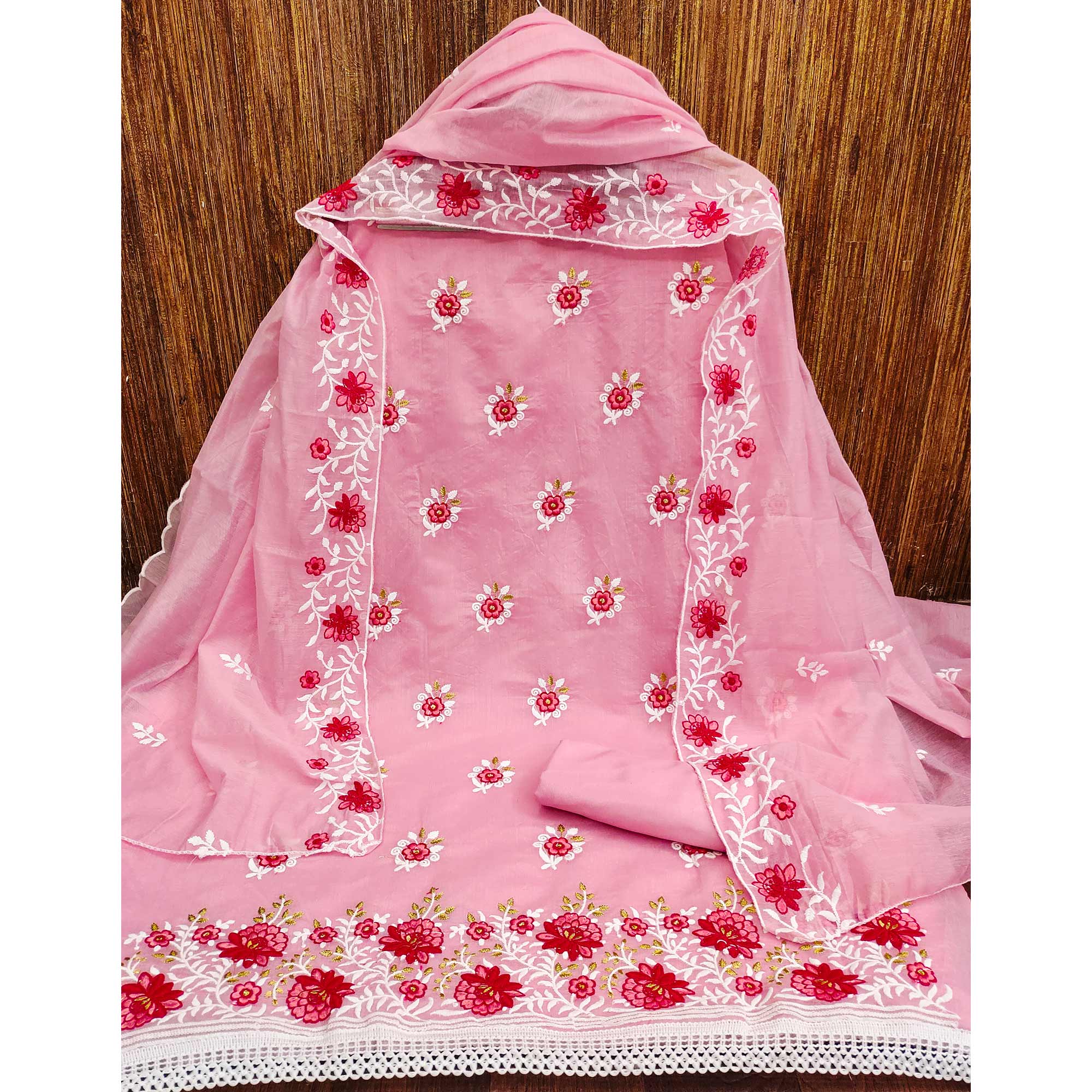 Pink Floral Embroidered Chanderi Cotton Dress Material