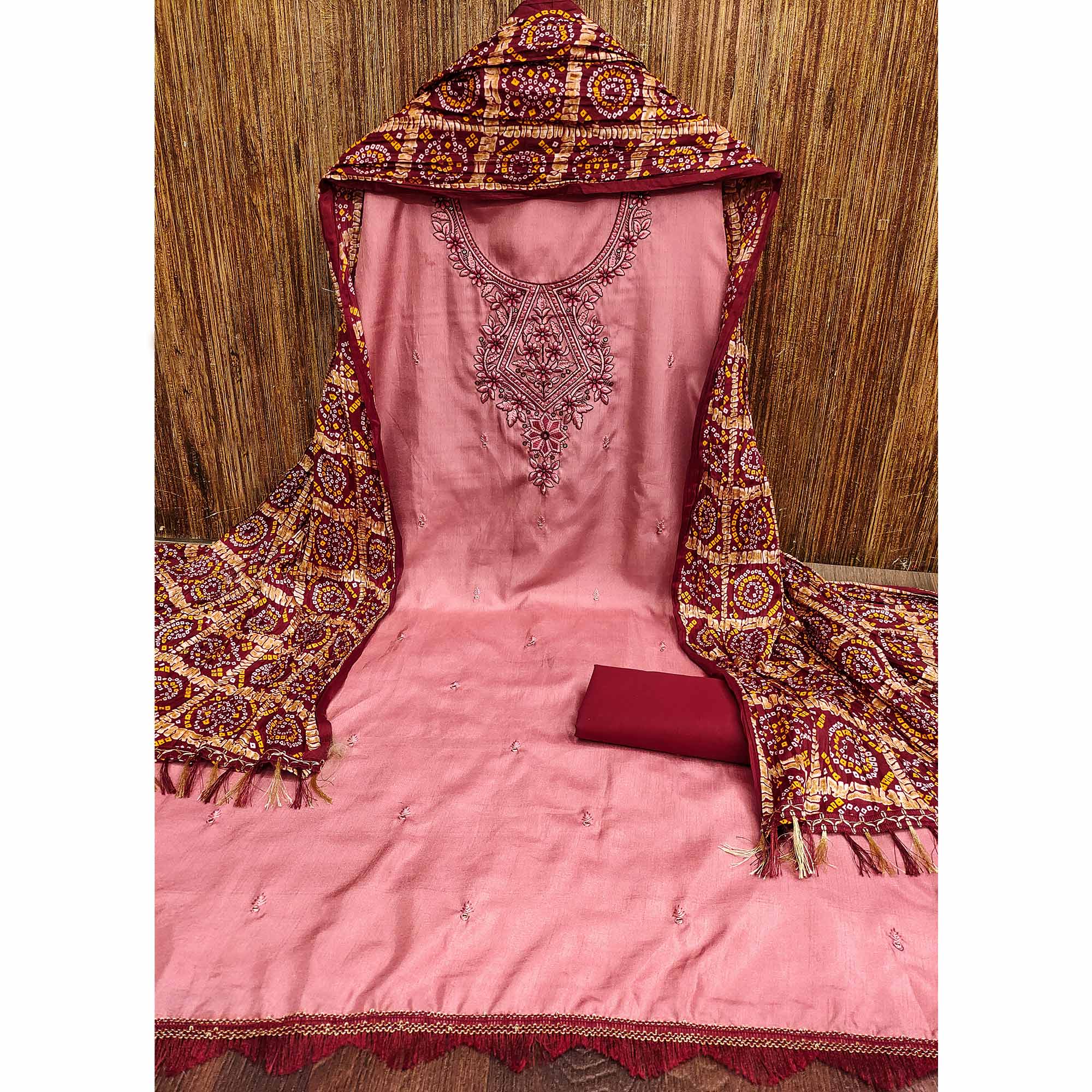 Gajari Pink Floral Sequins Embroidered Cotton Silk Dress Material