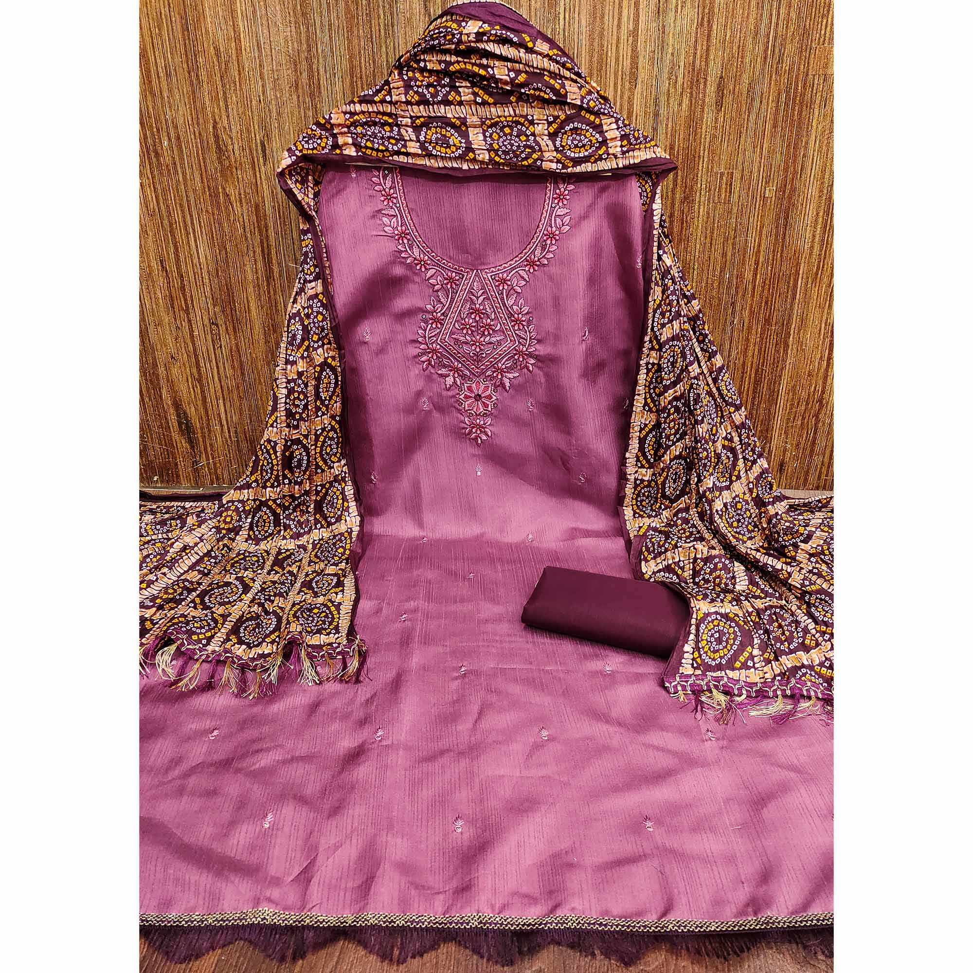 Purple Floral Sequins Embroidered Cotton Silk Dress Material