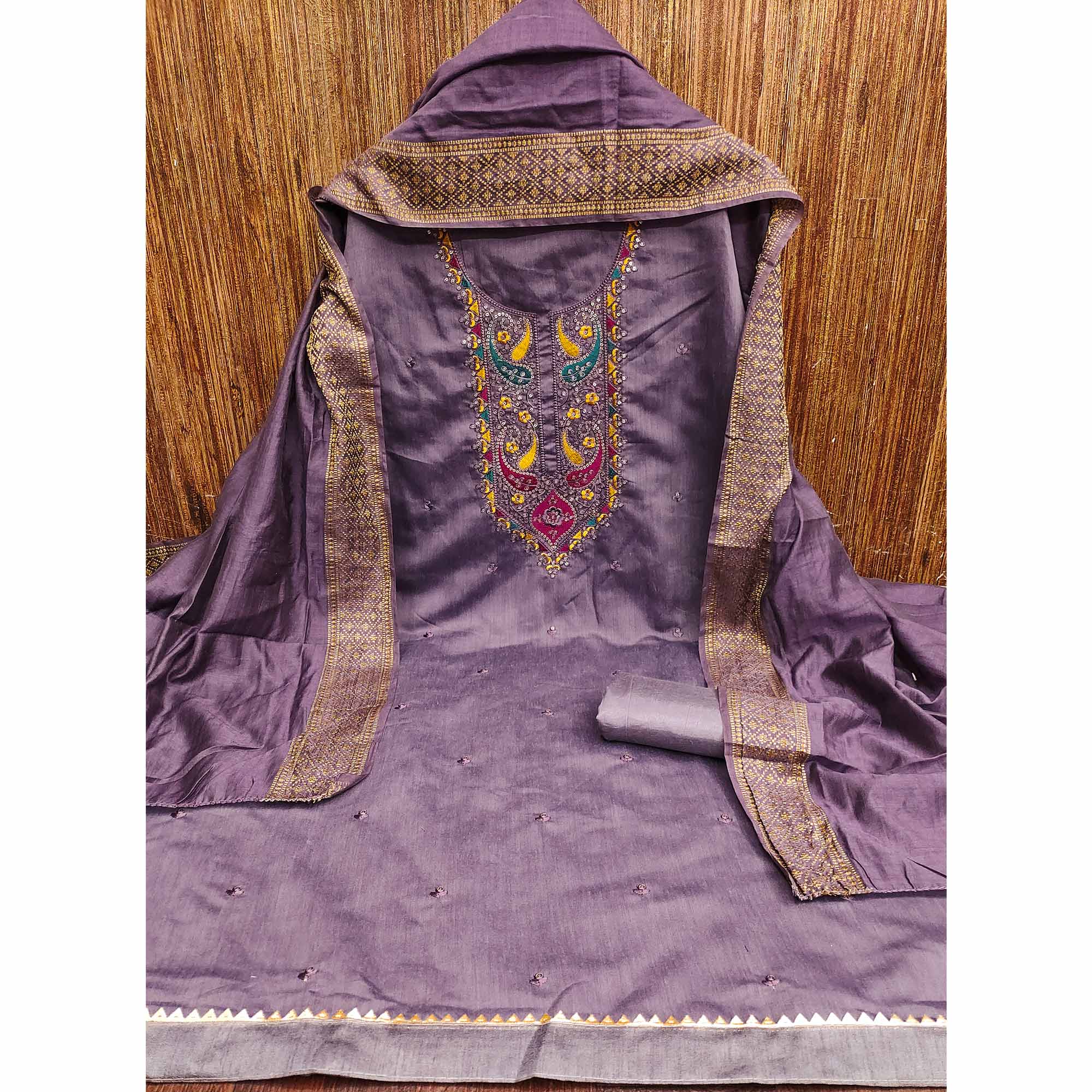 Purple Floral Sequins Embroidered Cotton Silk Dress Material