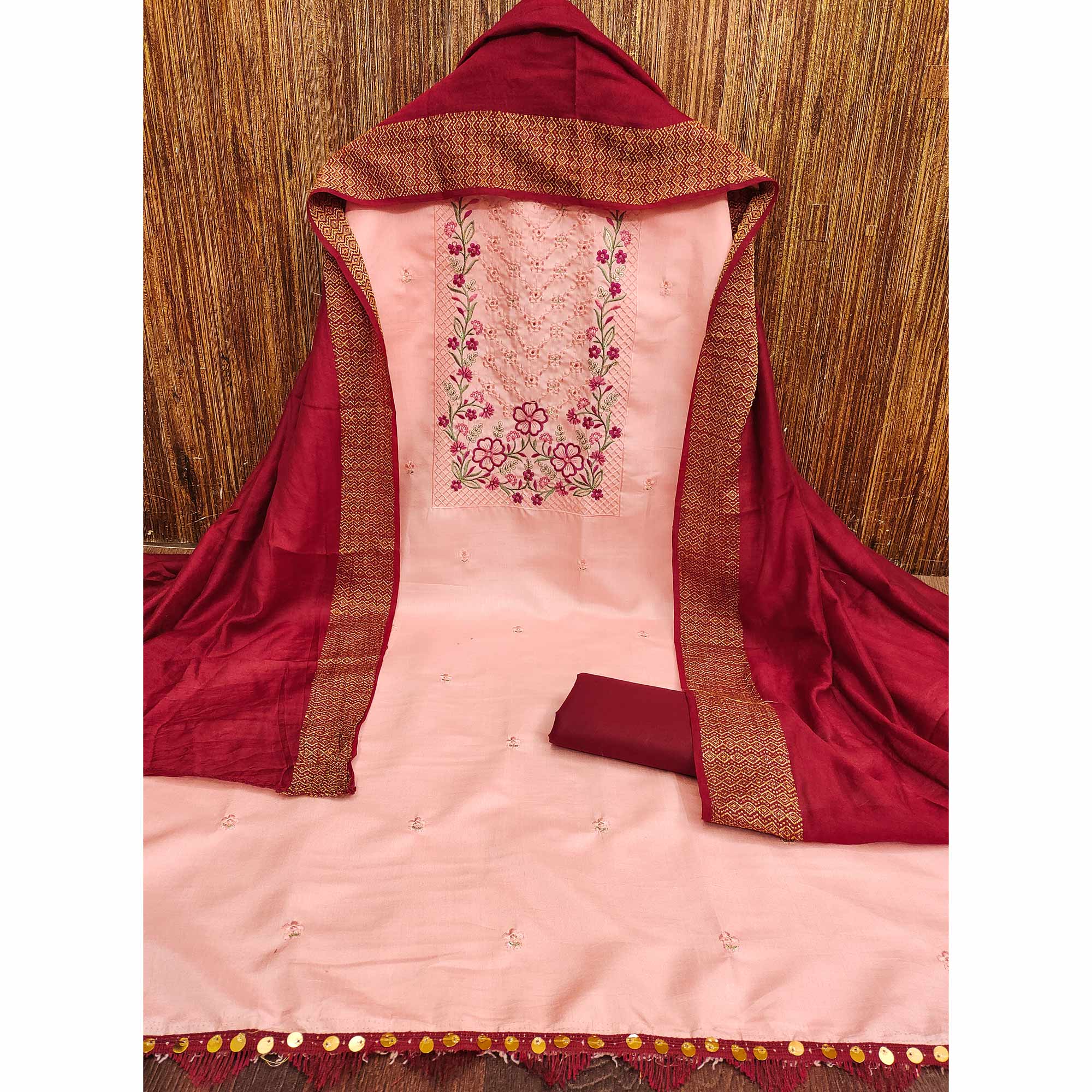 Peach Floral Sequins Embroidered Cotton Silk Dress Material