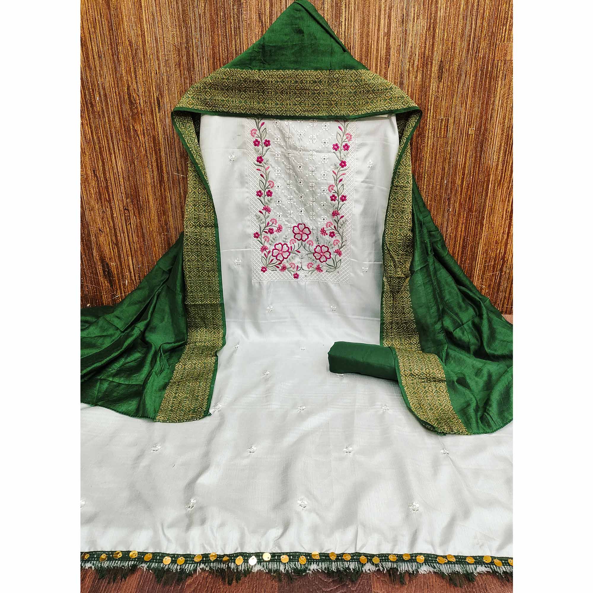 White Floral Sequins Embroidered Cotton Silk Dress Material