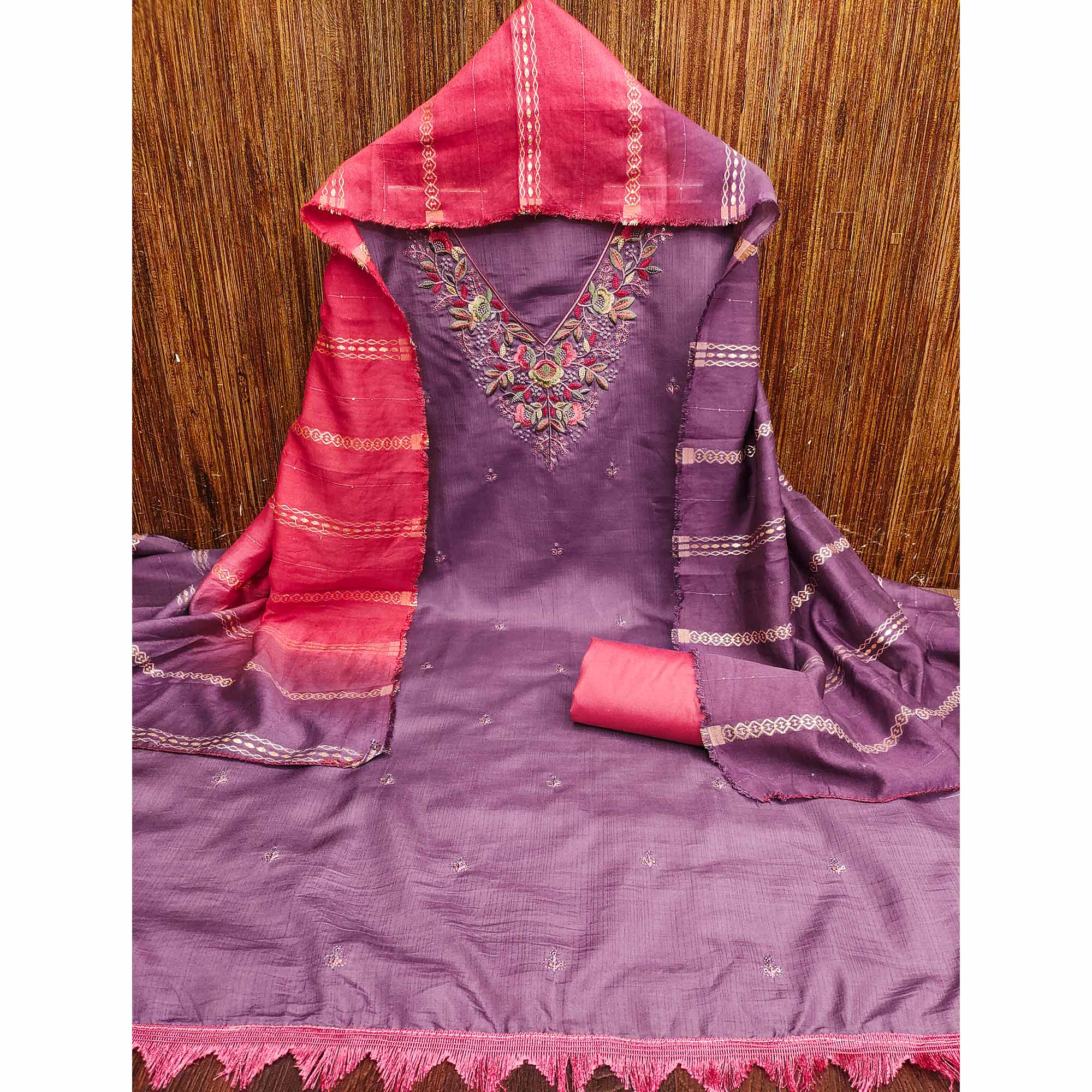 Lavender Floral Sequins Embroidered Cotton Silk Dress Material