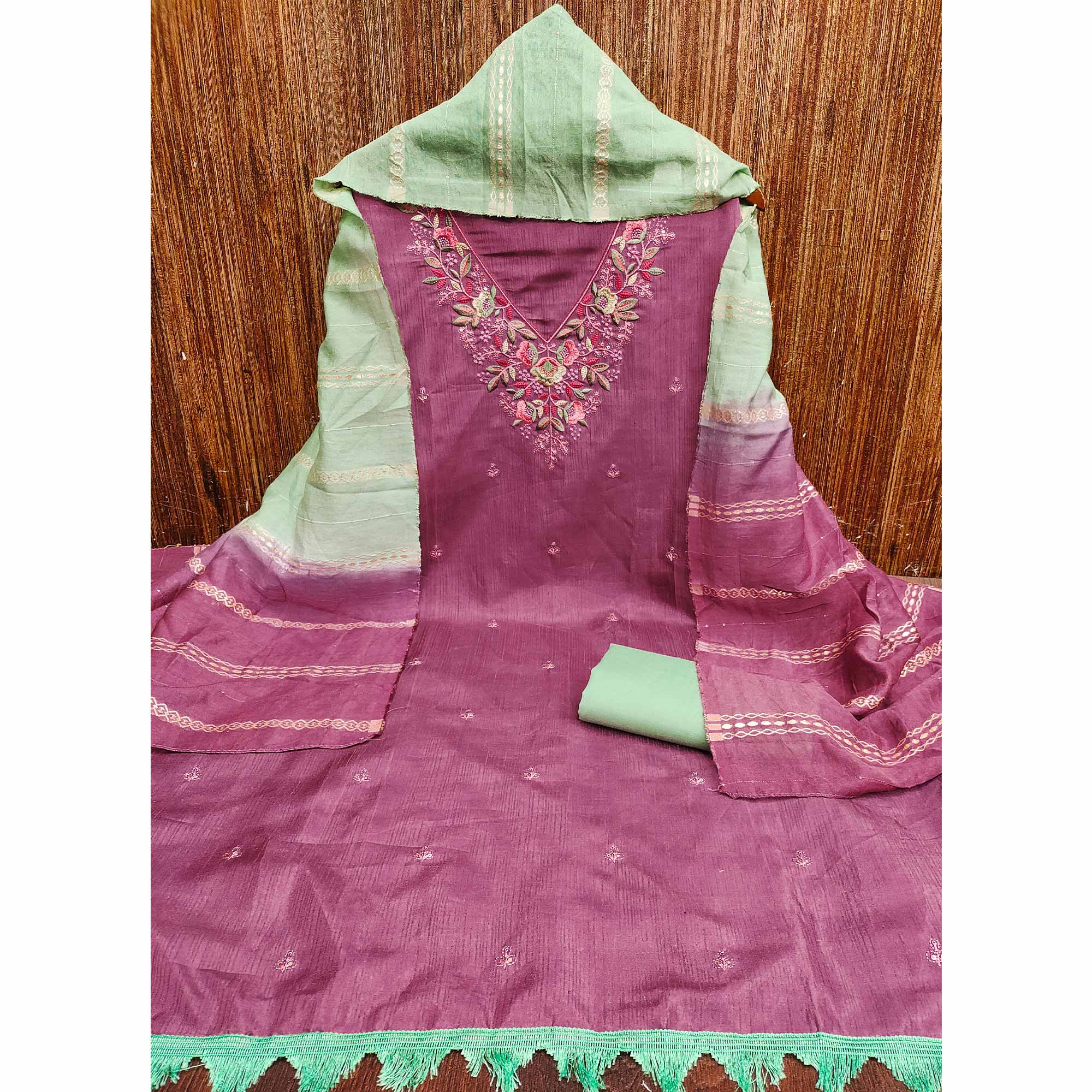 Purple Floral Sequins Embroidered Cotton Silk Dress Material