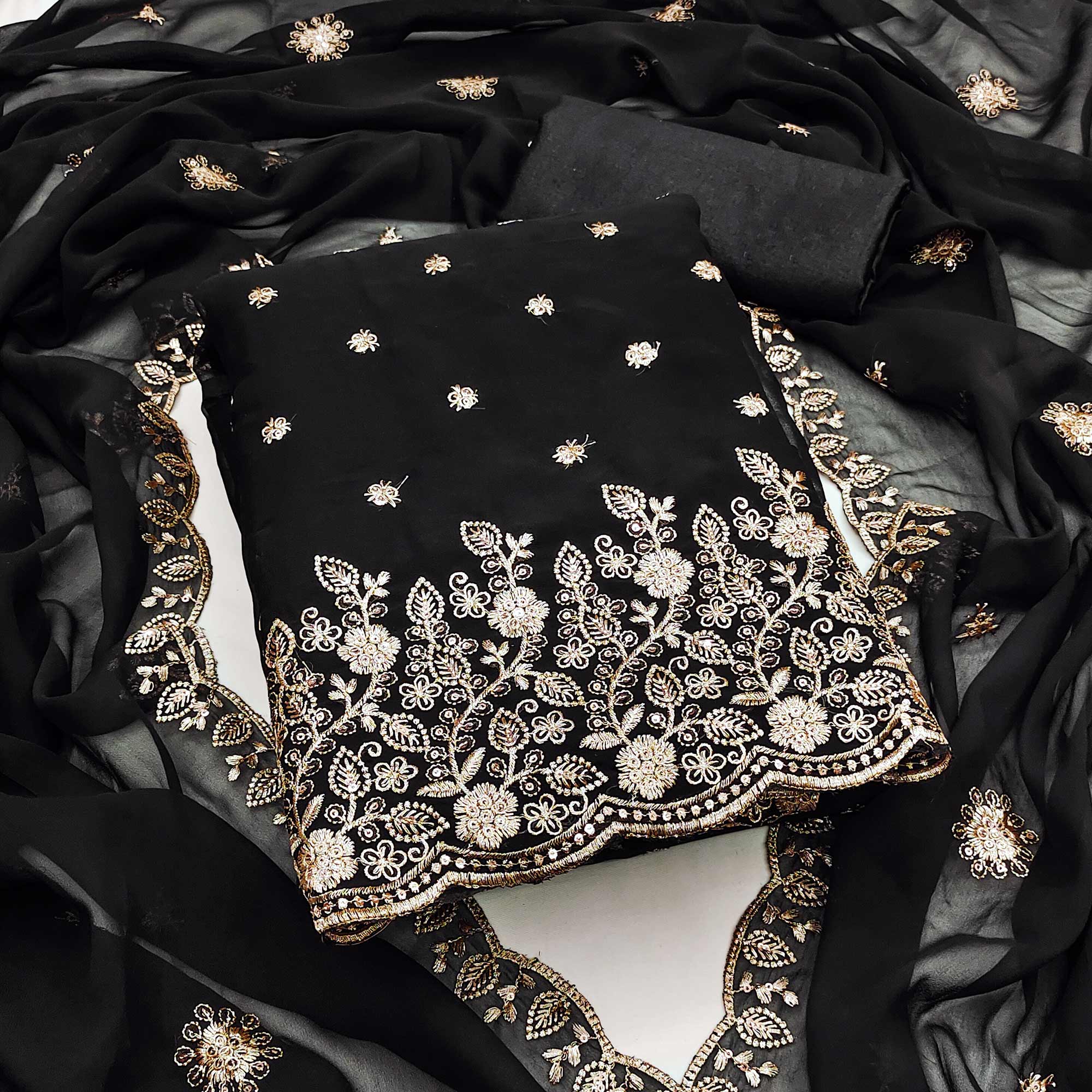 Black Floral Sequins Embroidered Georgette Dress Material