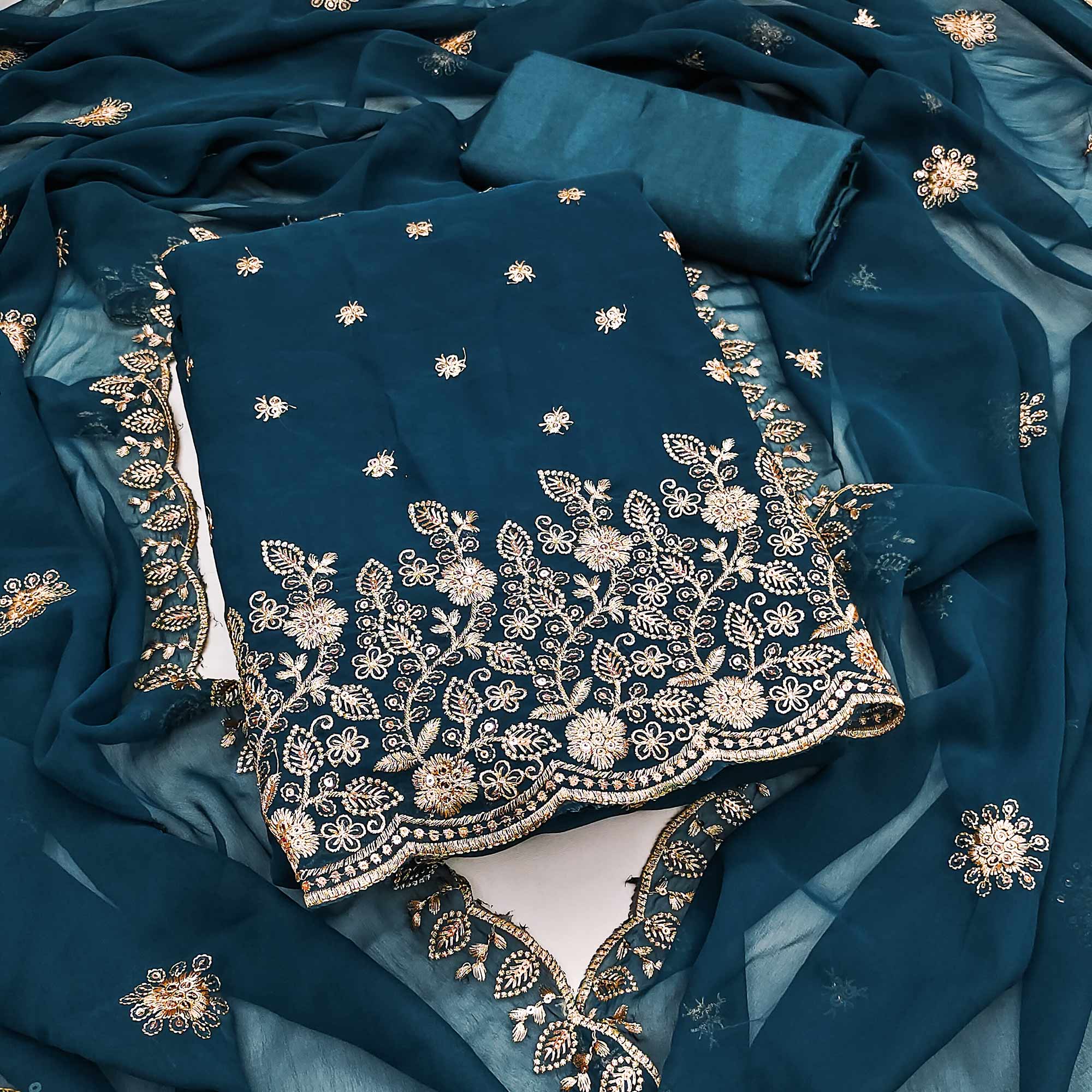 Blue Floral Sequins Embroidered Georgette Dress Material