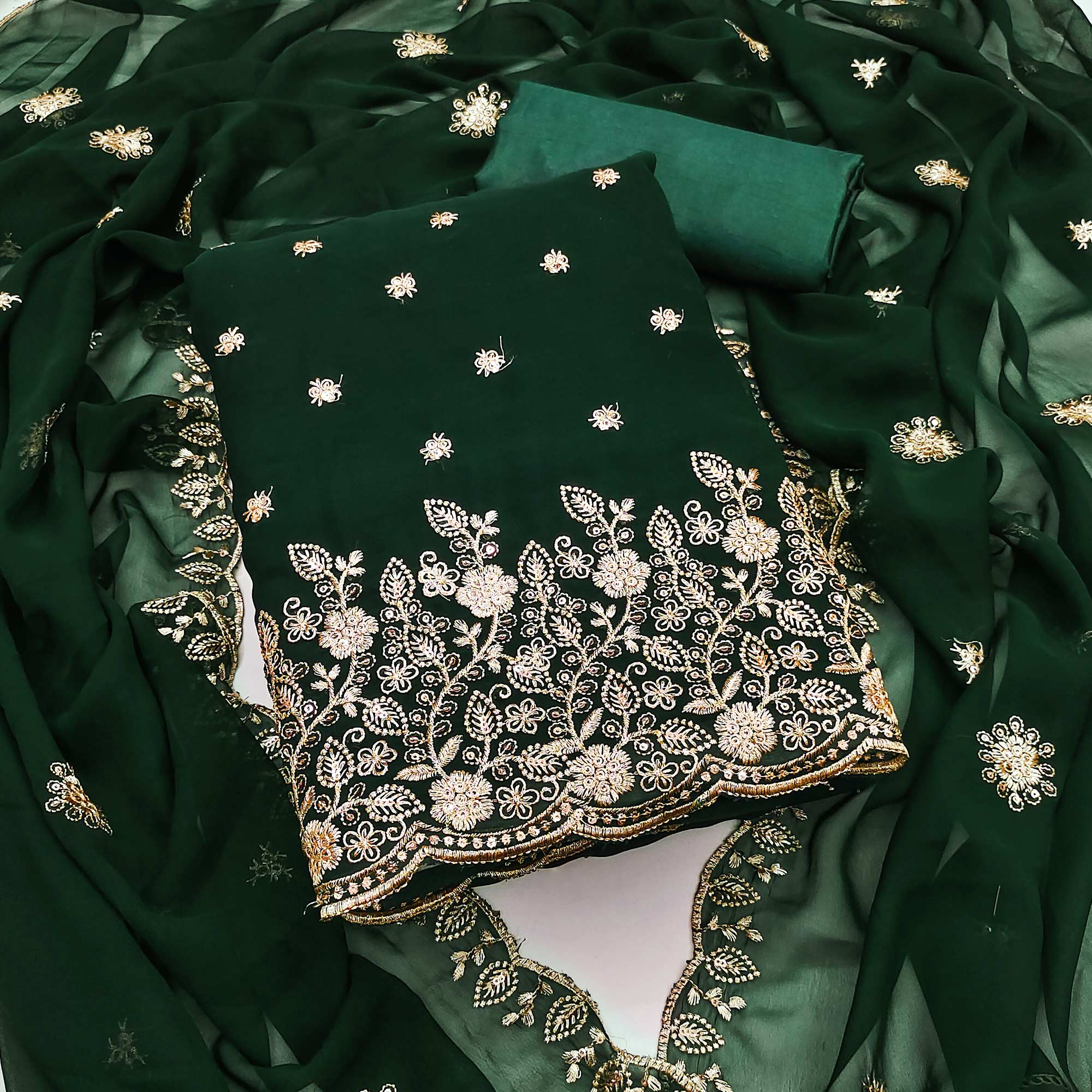 Green Floral Sequins Embroidered Georgette Dress Material