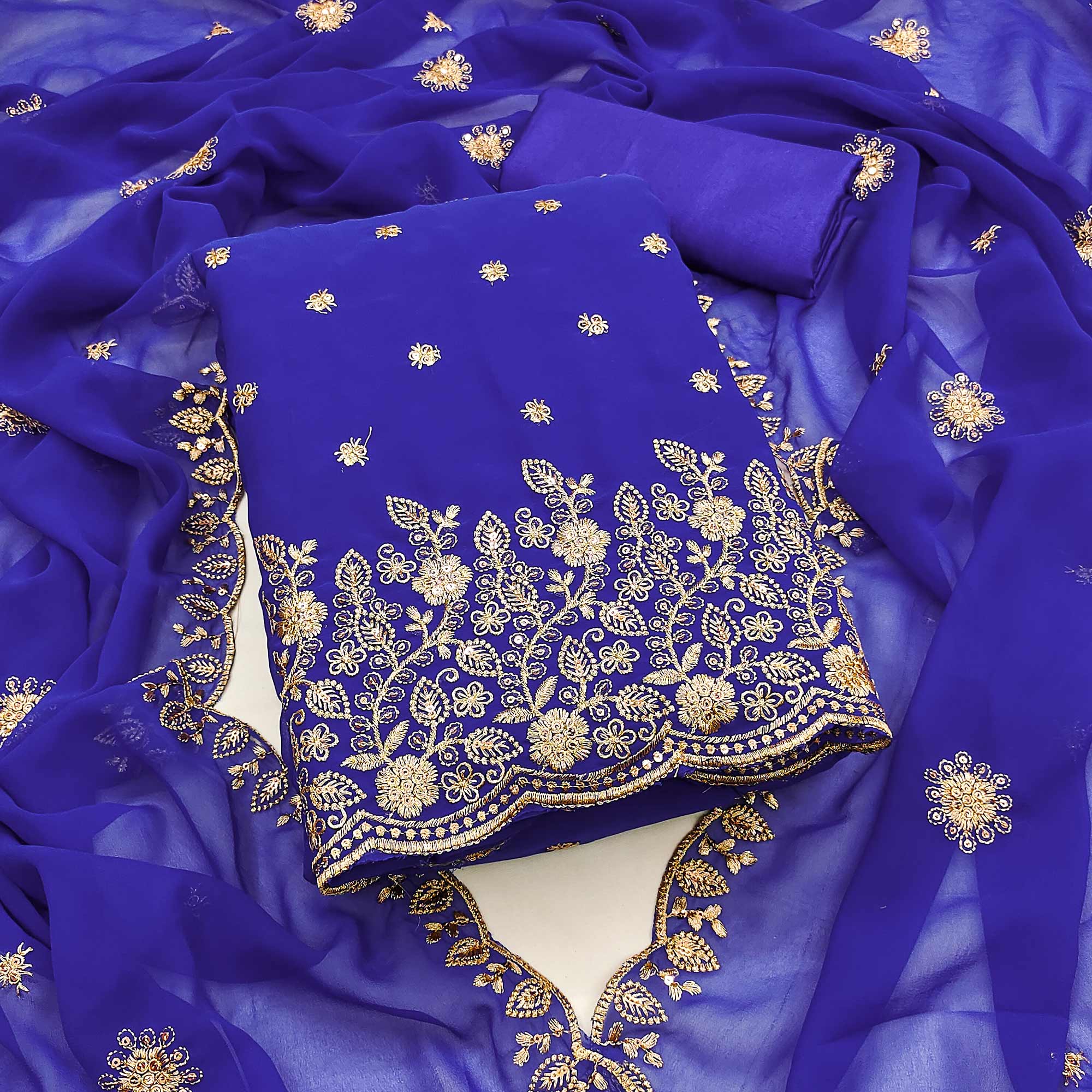 Majorelle Blue Floral Sequins Embroidered Georgette Dress Material