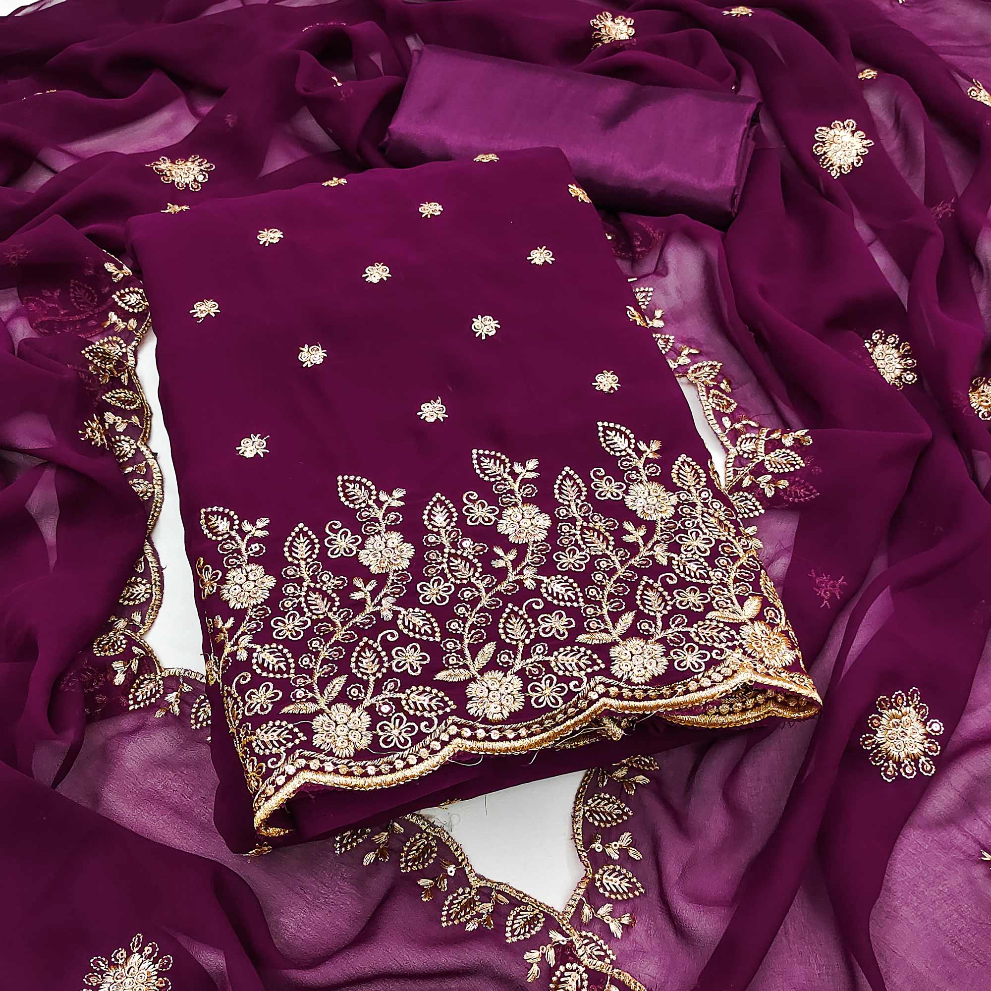 Wine Floral Sequins Embroidered Georgette Dress Material
