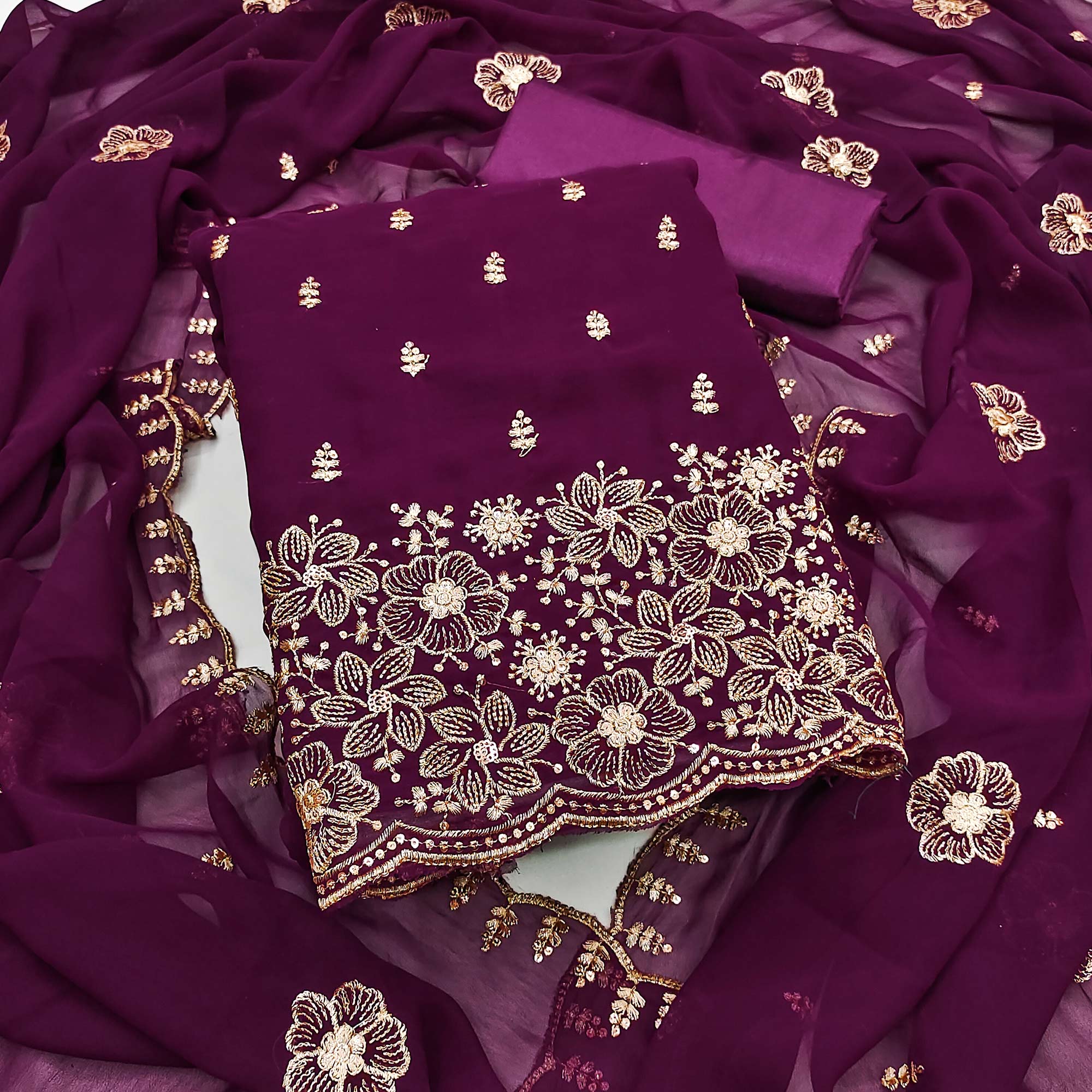 Wine Floral Sequins Embroidered Georgette Dress Material