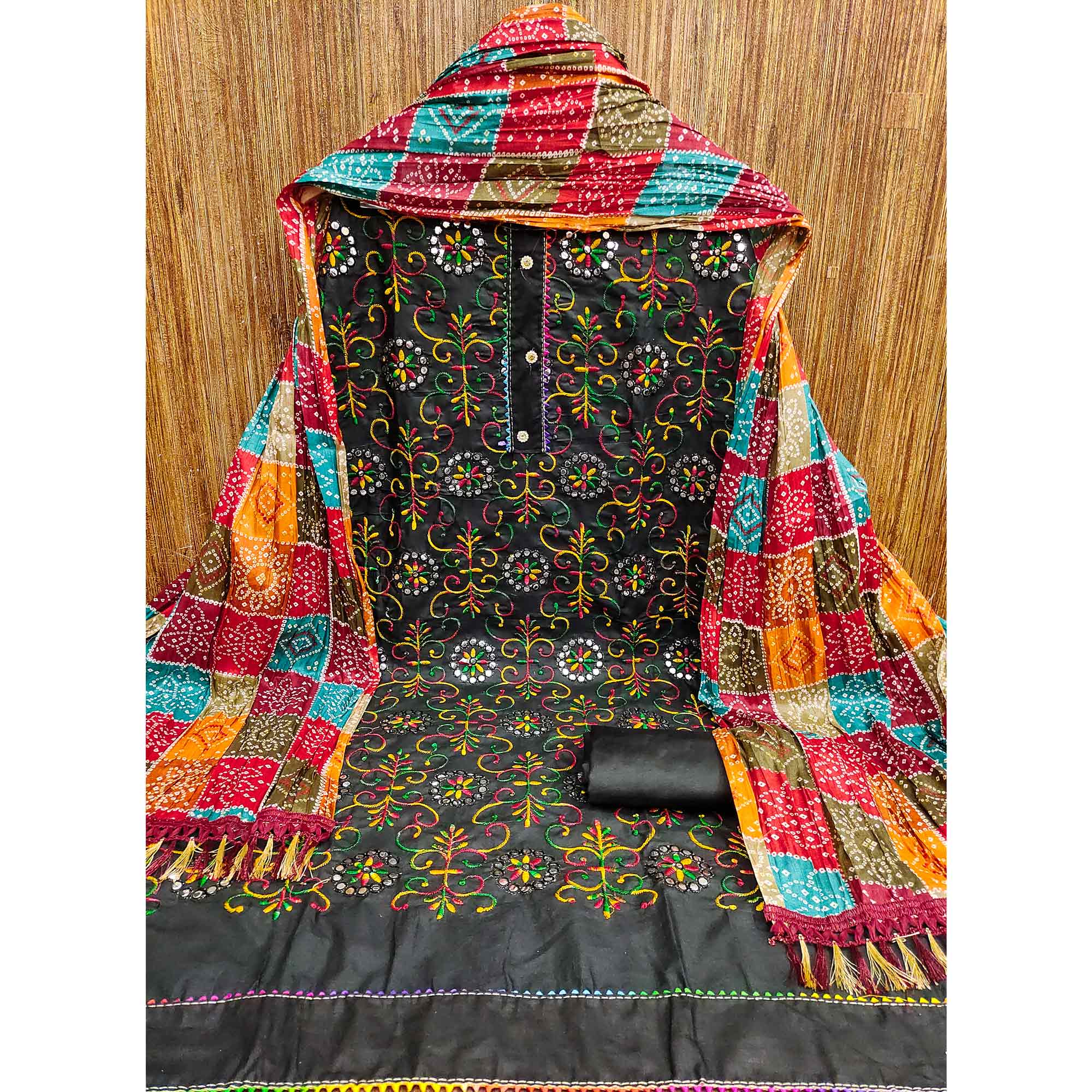 Black Floral Thread Embroidered Dress Material In Soft Cotton Blend