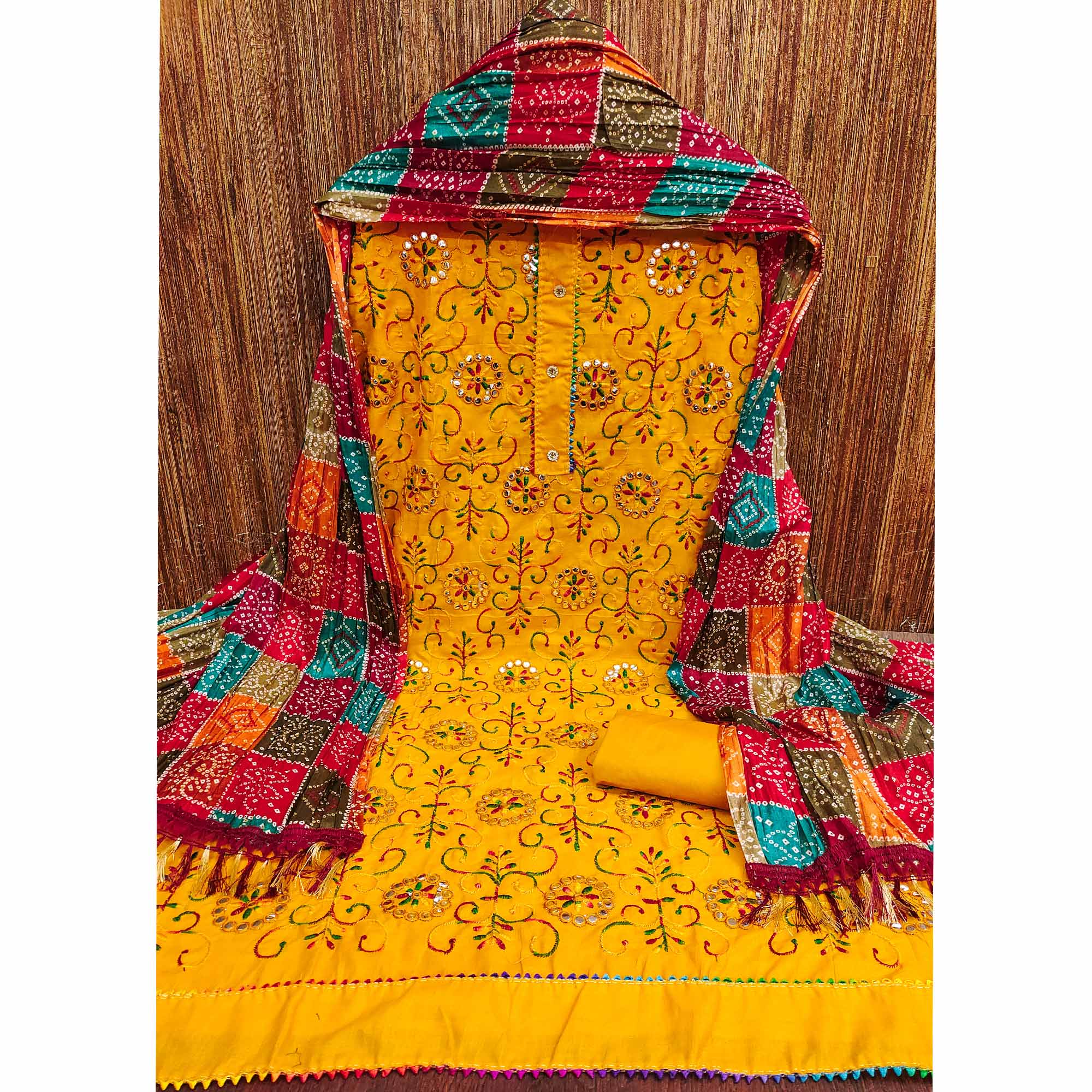Mustard Floral Thread Embroidered Dress Material In Soft Cotton Blend