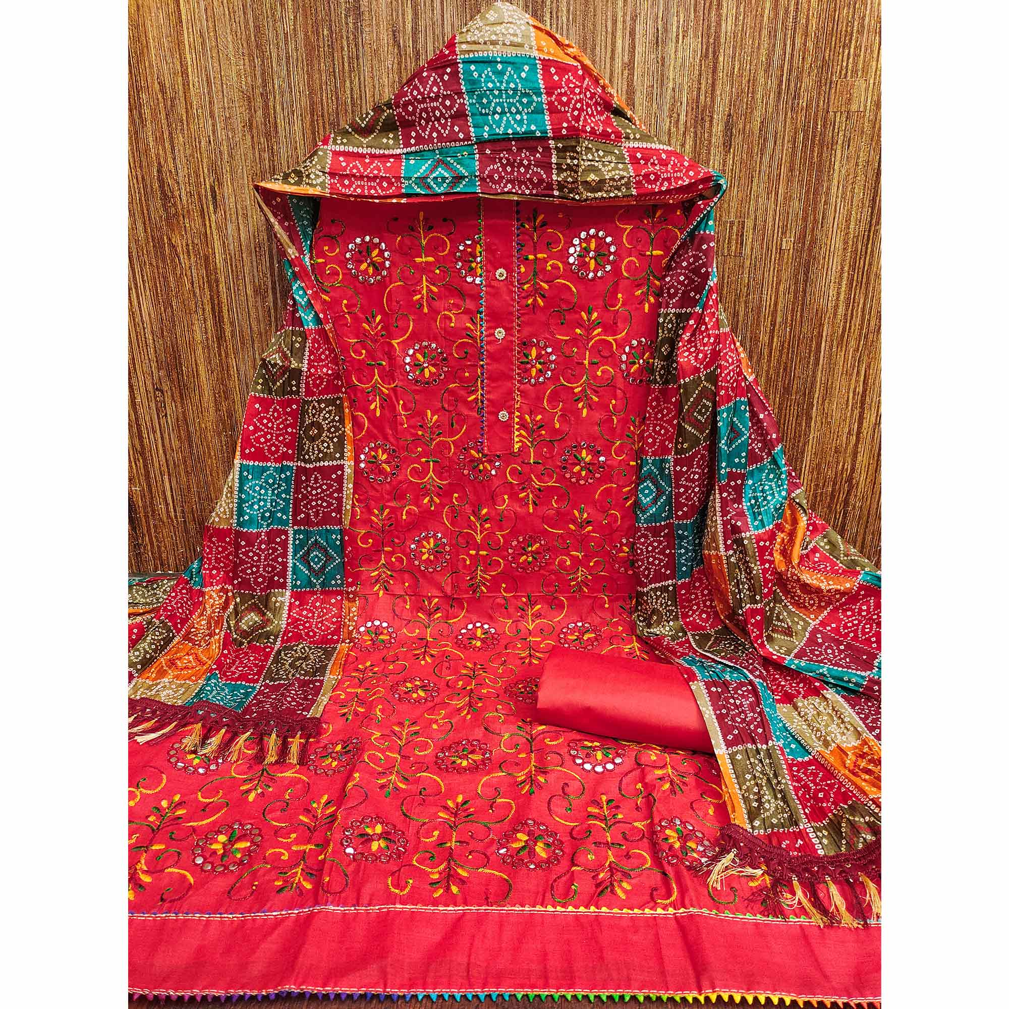 Red Floral Thread Embroidered Dress Material In Soft Cotton Blend