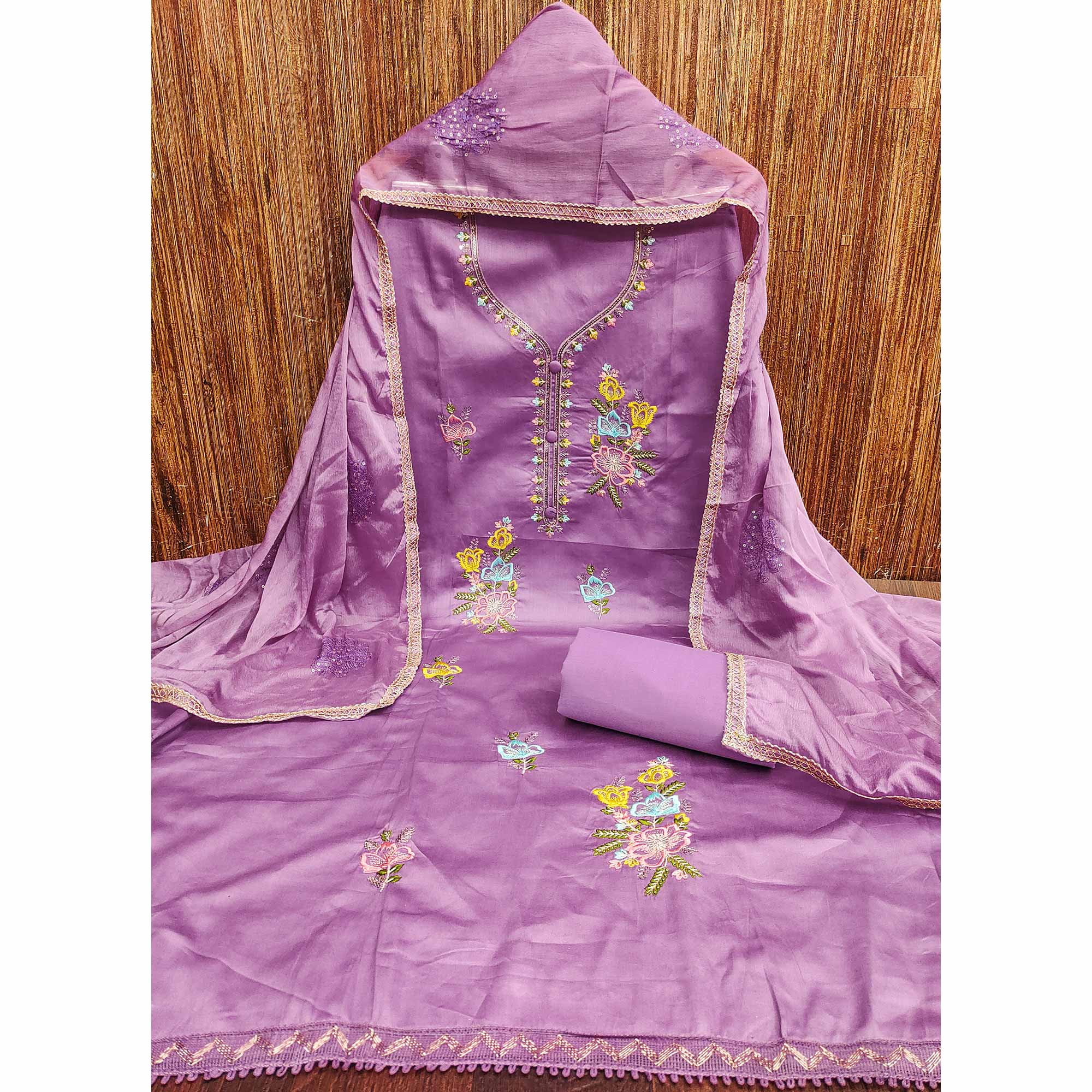 Breathable Pure Cotton Dress Material in Purple with Floral Designs