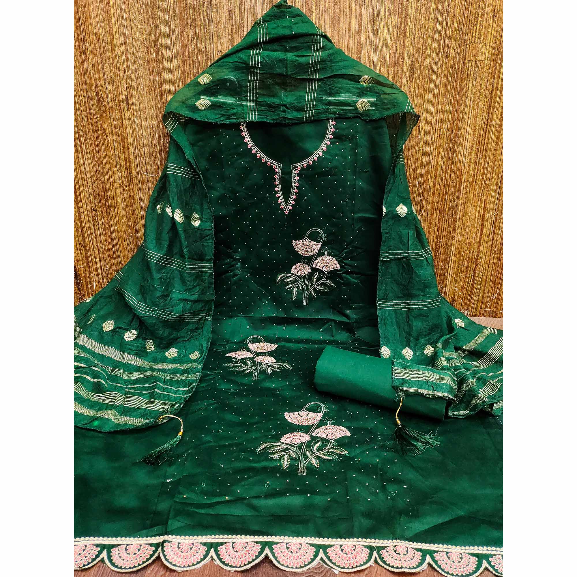 Green Dress Material in Cotton Blend with Delicate Embroidery Work