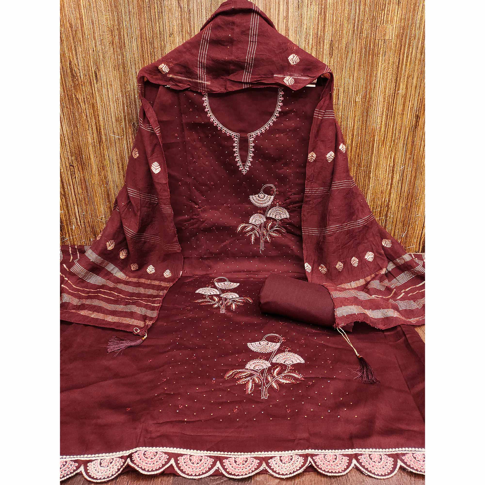 Maroon Dress Material in Cotton Blend with Delicate Embroidery Work