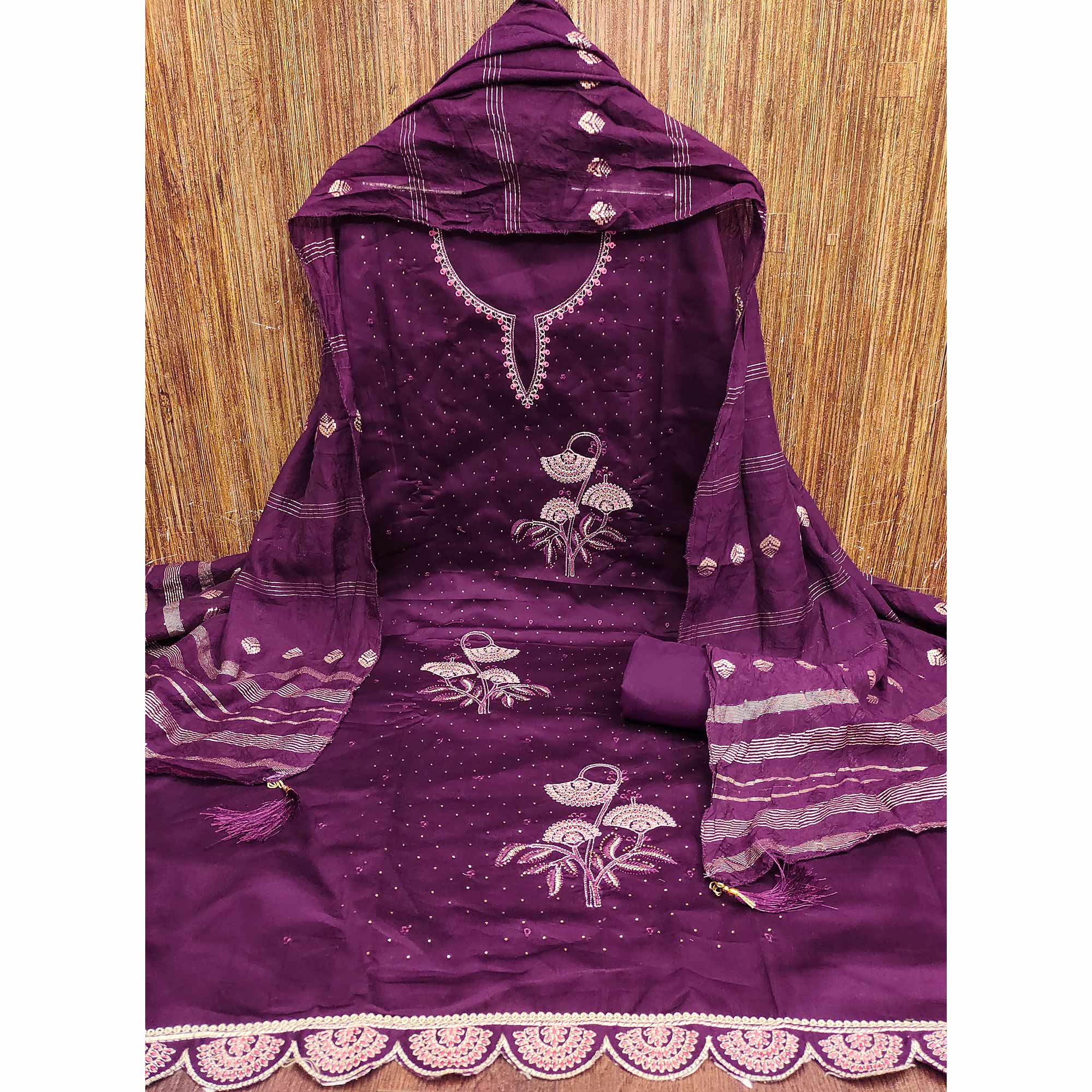 Plum Purple Dress Material in Cotton Blend with Delicate Embroidery Work