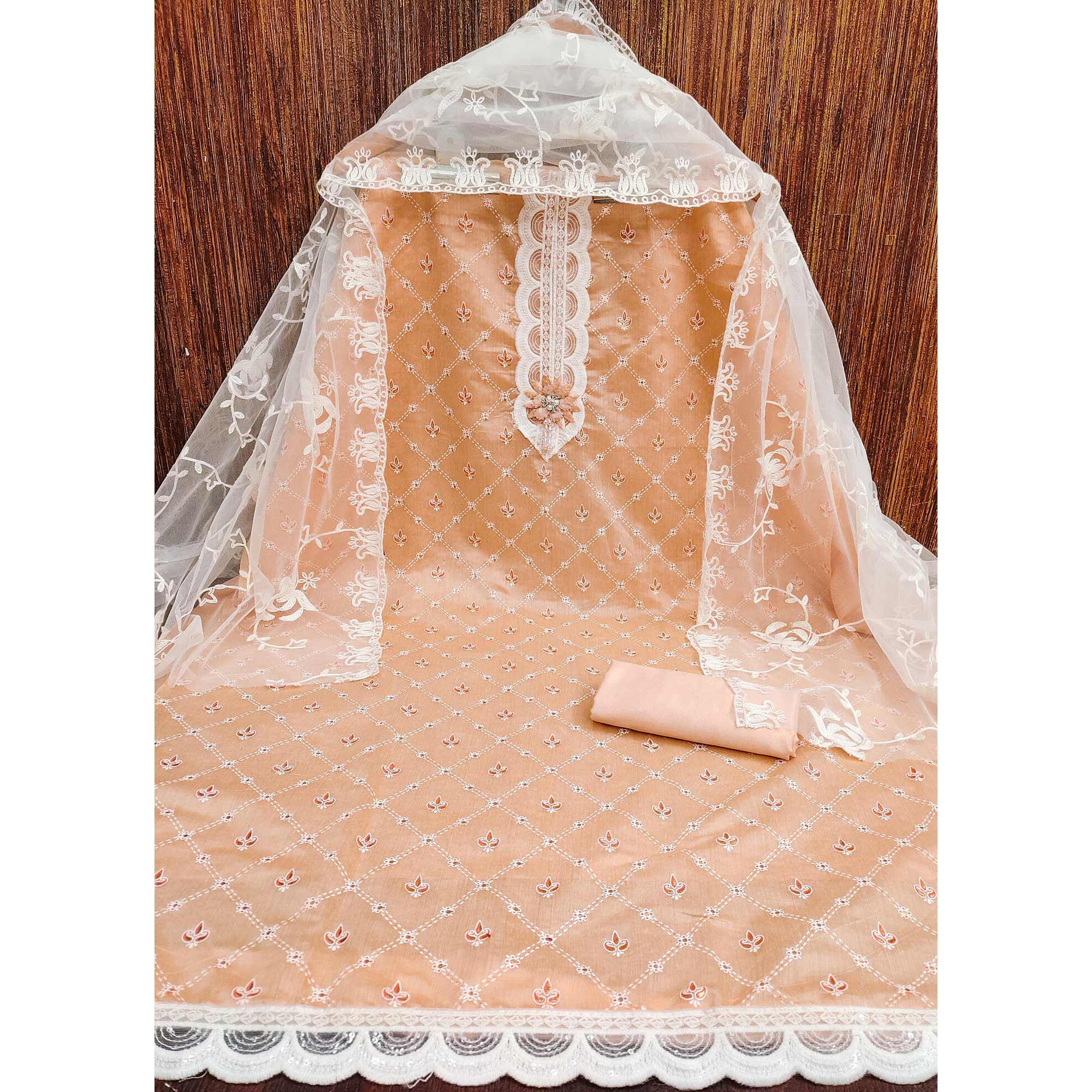 Light Orange Unstitched Dress Material Featuring Fine Floral Embroidery on Chanderi Silk