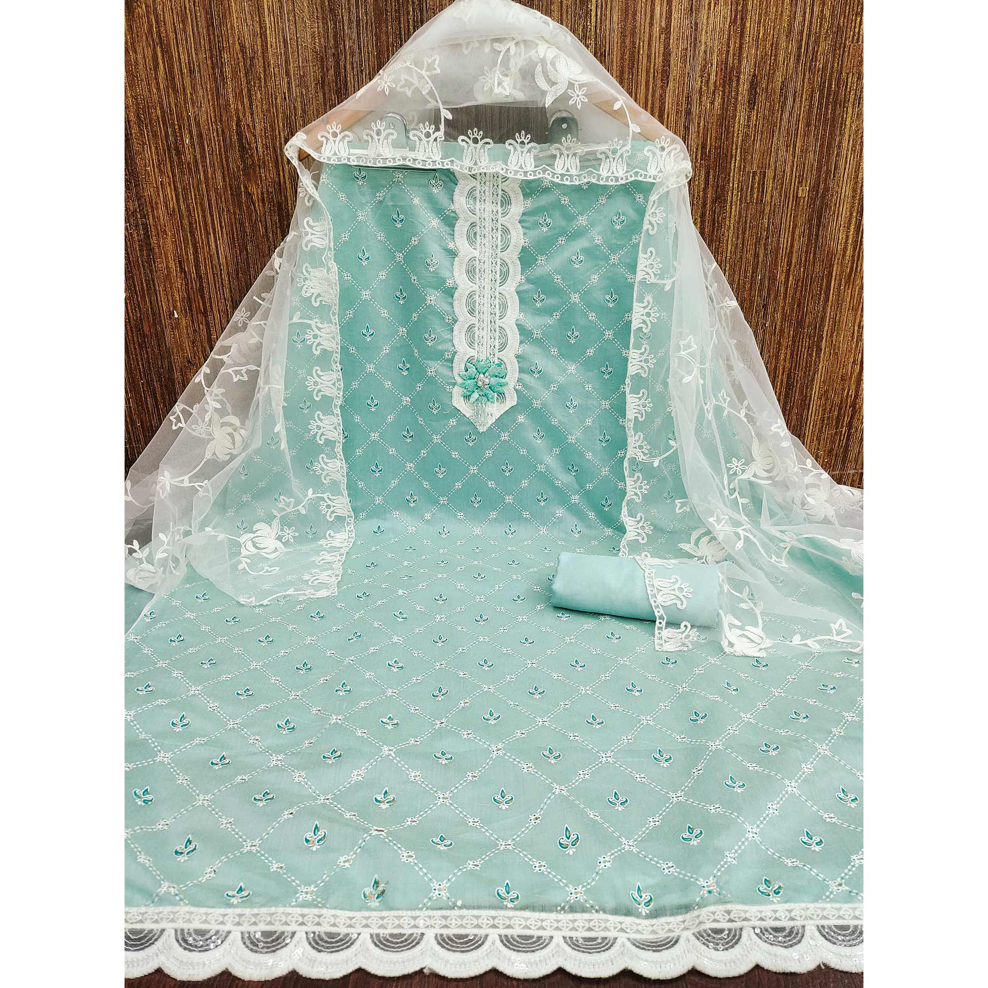 Sea Green Unstitched Dress Material Featuring Fine Floral Embroidery on Chanderi Silk