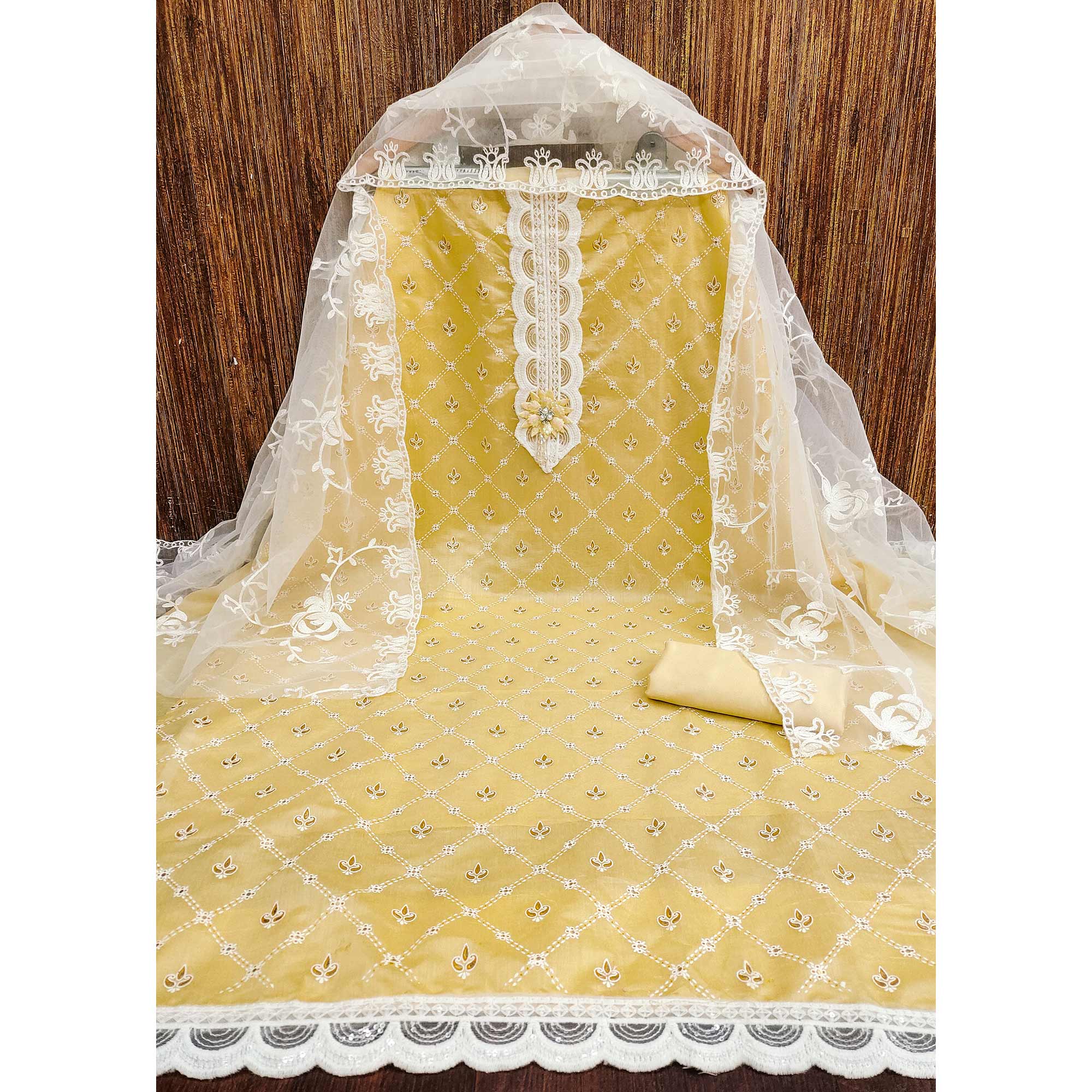 Yellow Unstitched Dress Material Featuring Fine Floral Embroidery on Chanderi Silk