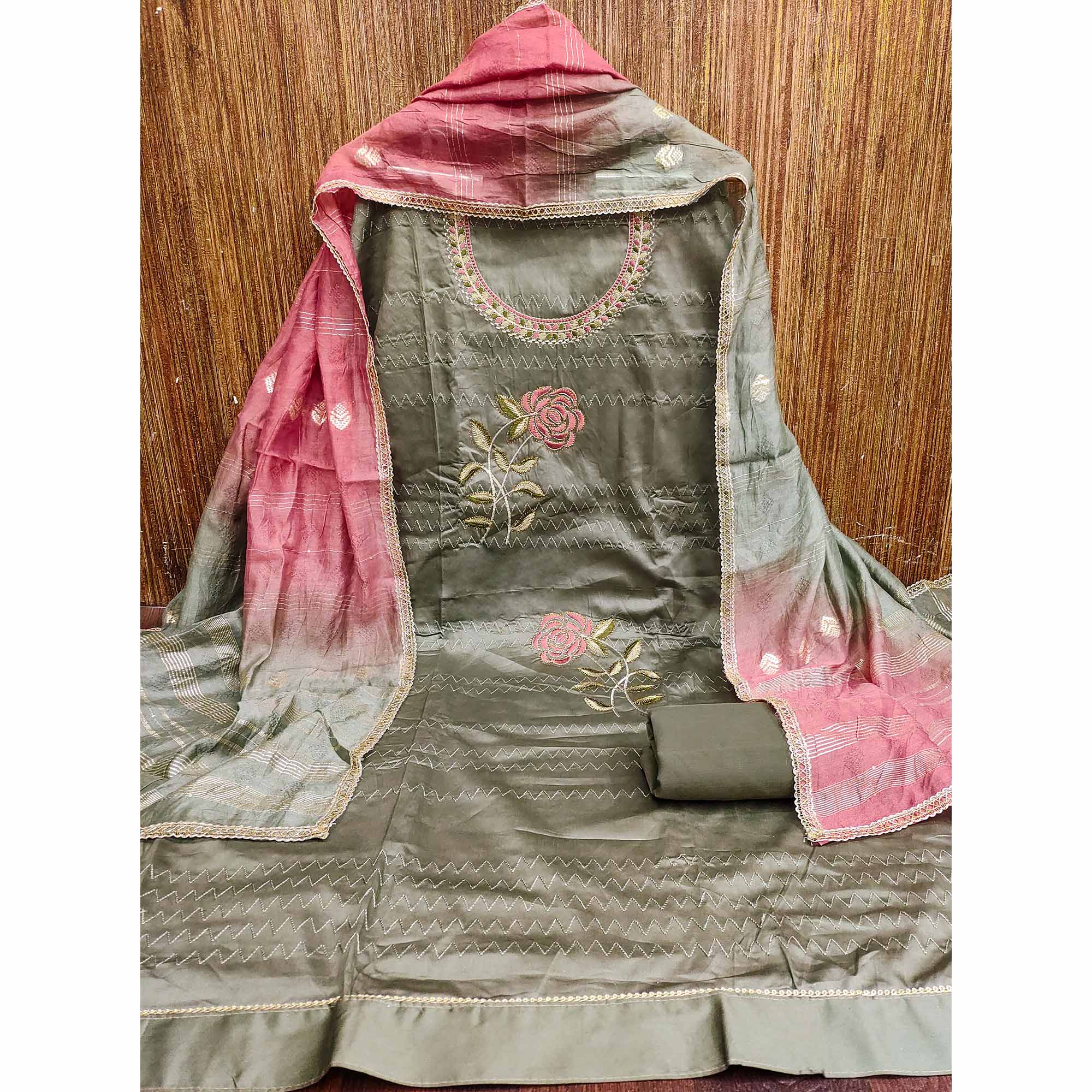 Dark Sage Green Suit Material in Cotton Blend with Beautifully Embroidered Floral Patterns