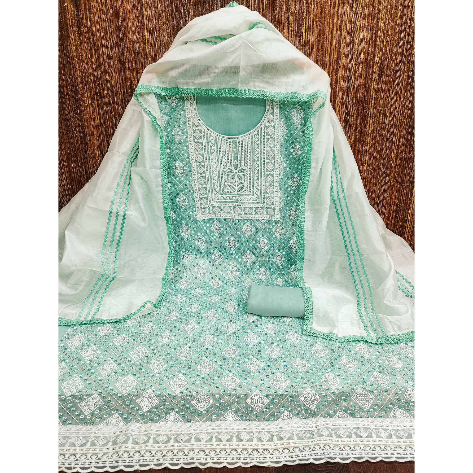 Sea Green Chanderi Silk Suit Fabric with Embroidered Highlights and Artistic Geometric Prints