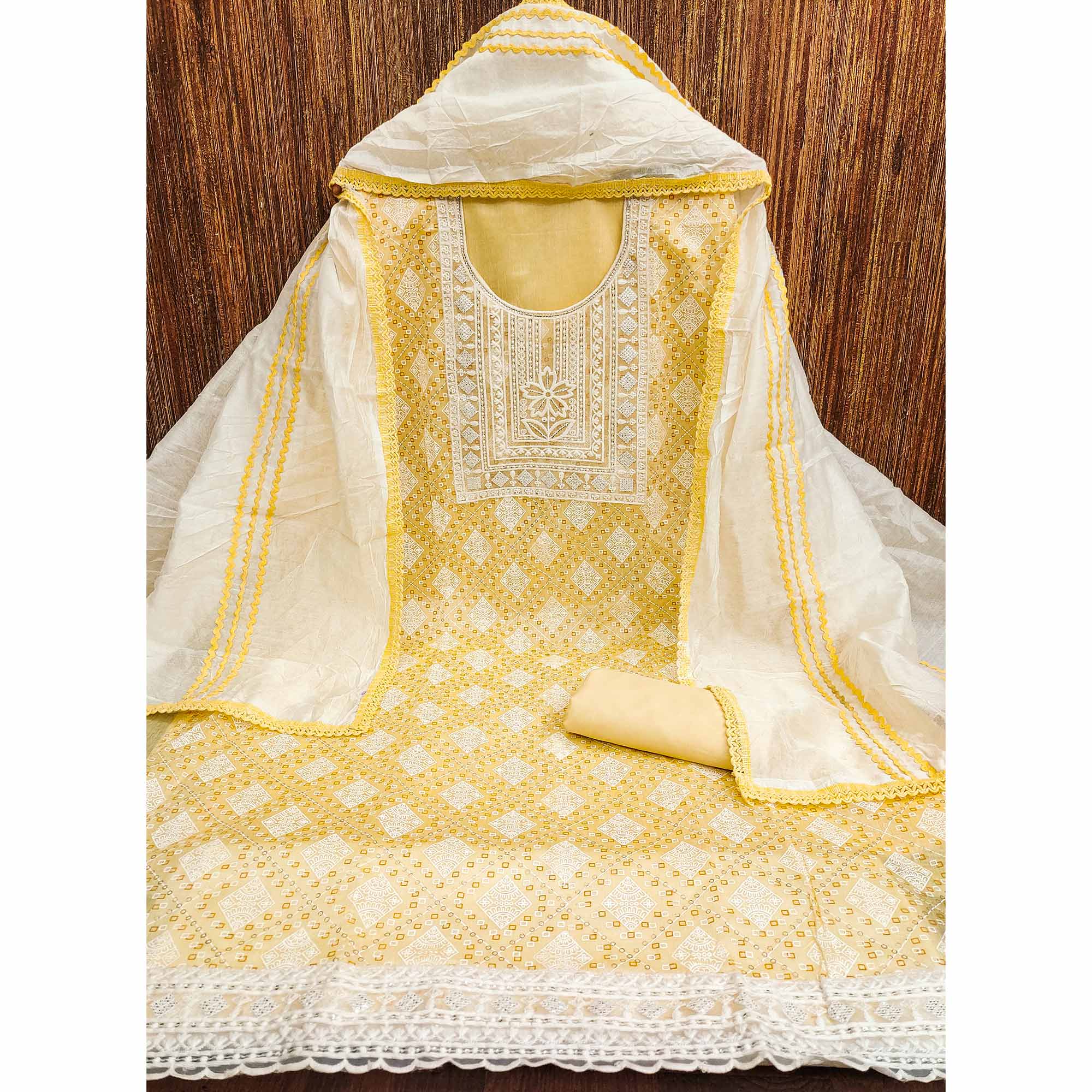 Yellow Chanderi Silk Suit Fabric with Embroidered Highlights and Artistic Geometric Prints