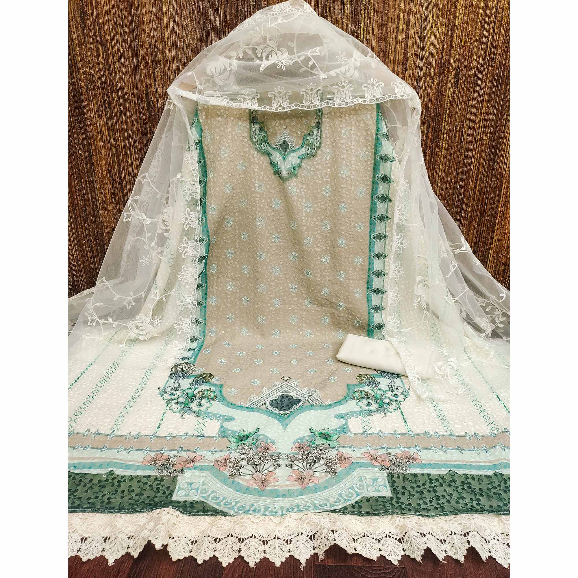 Cream & Beige Georgette Suit Fabric Adorned with Elegant and Delicate Schiffli Embroidery