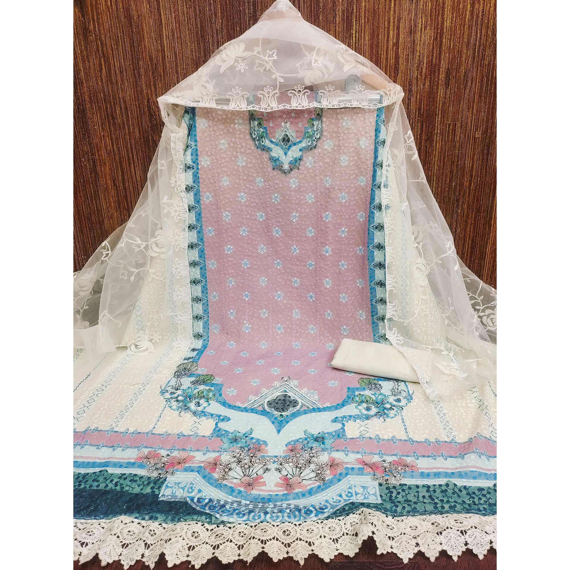 Cream & Dusty Pink Georgette Suit Fabric Adorned with Elegant and Delicate Schiffli Embroidery
