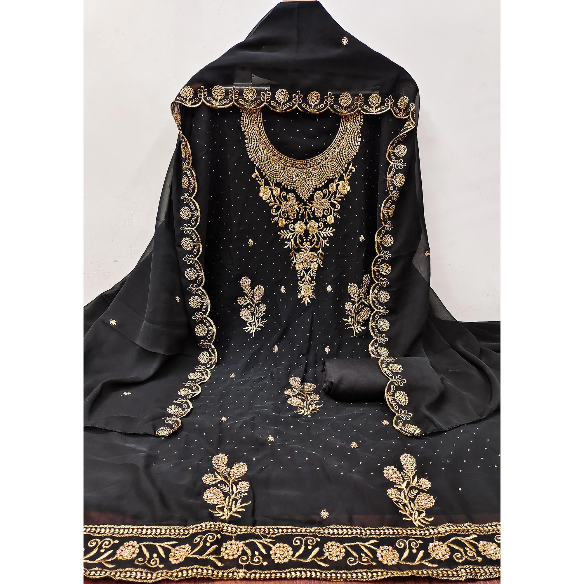 Black Georgette Dress Material With Intricate Thread And Stone Work Embroidery
