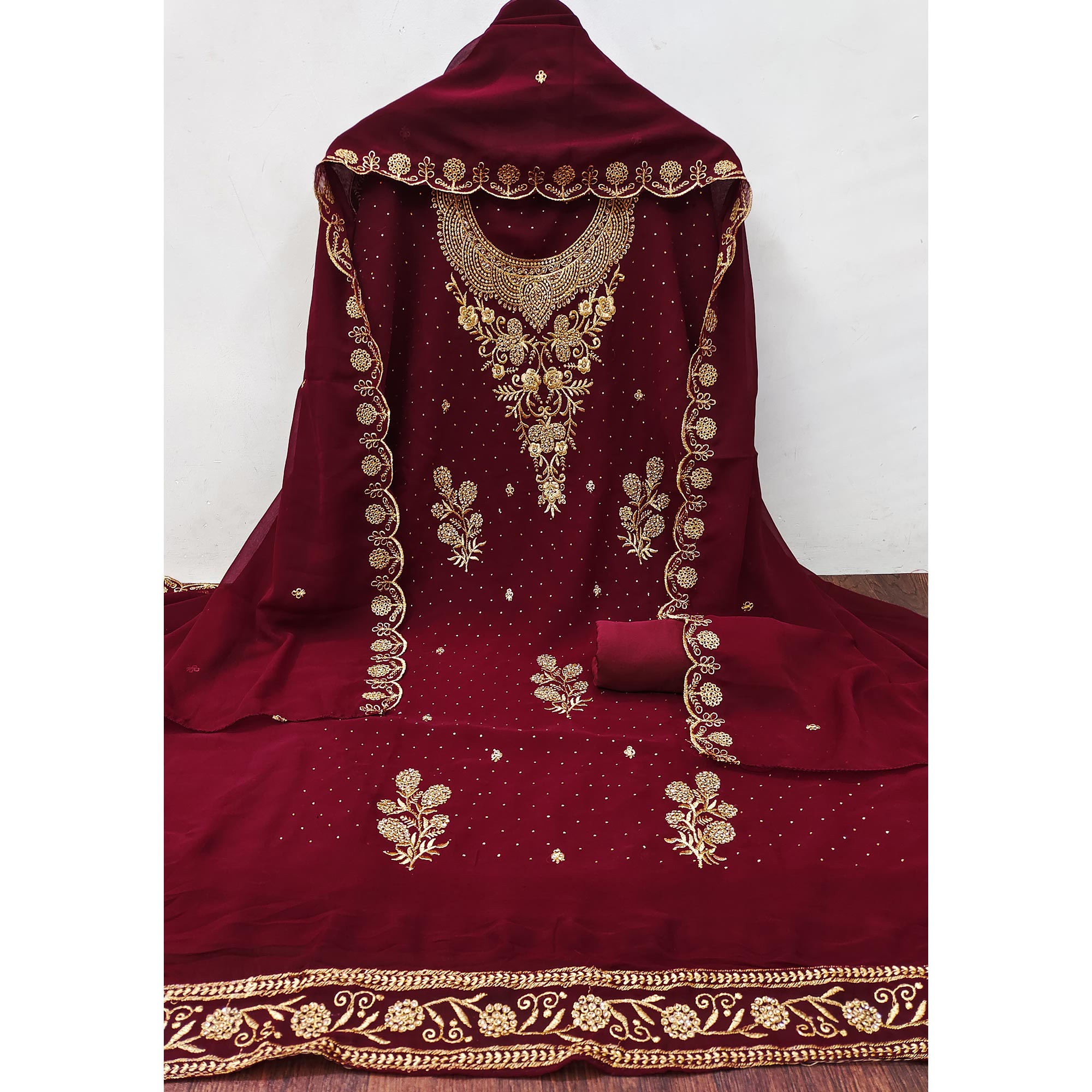 Maroon Georgette Dress Material With Intricate Thread And Stone Work Embroidery