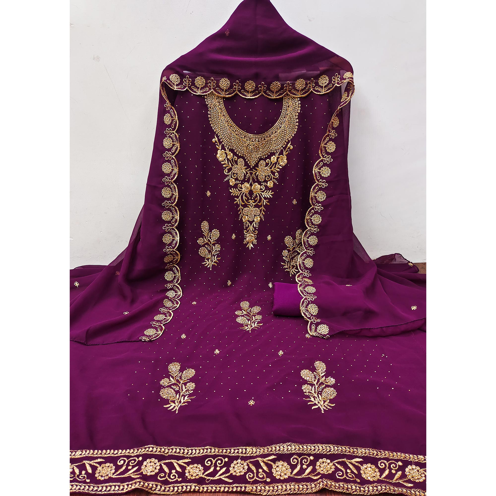 Purple Georgette Dress Material With Intricate Thread And Stone Work Embroidery