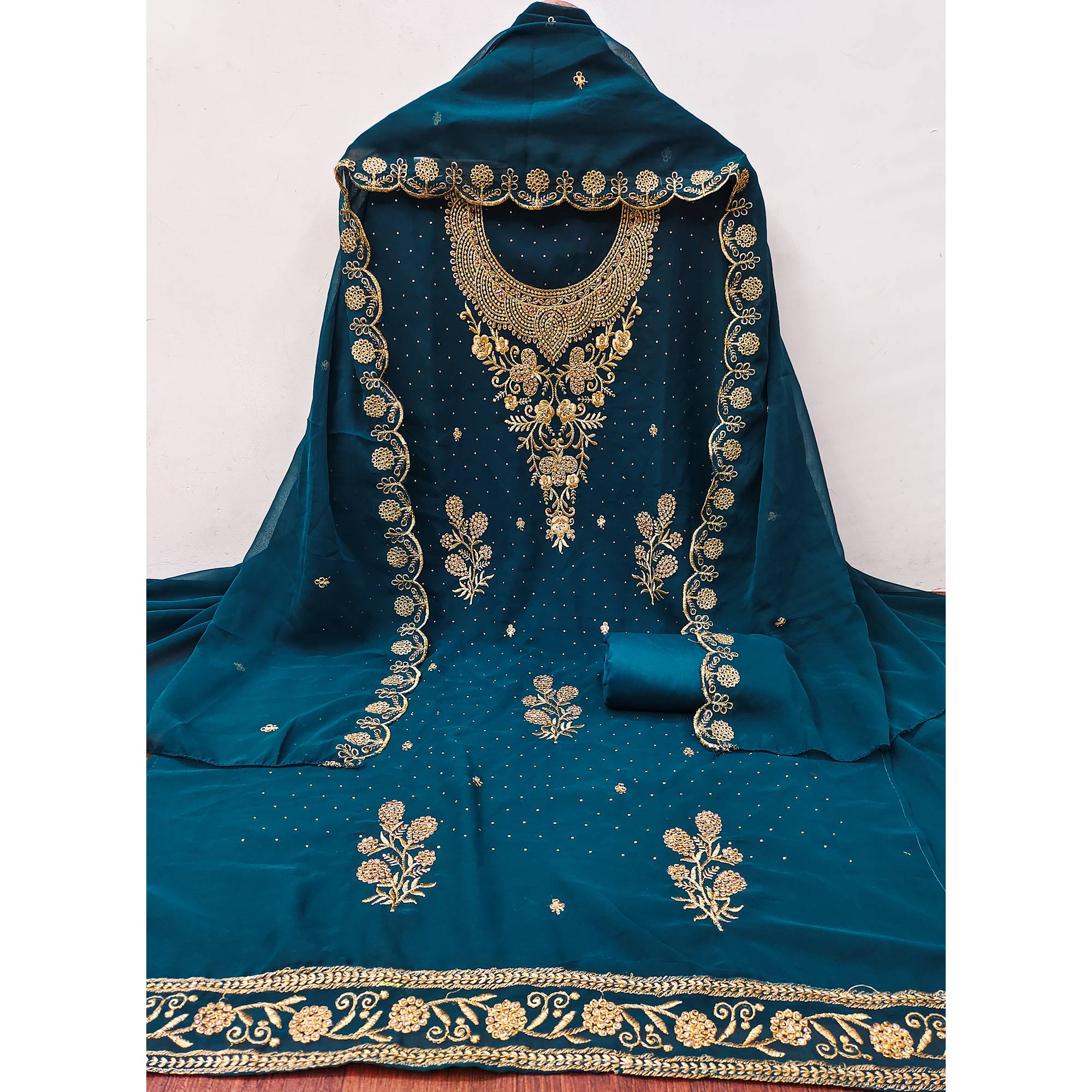 Teal Georgette Dress Material With Intricate Thread And Stone Work Embroidery