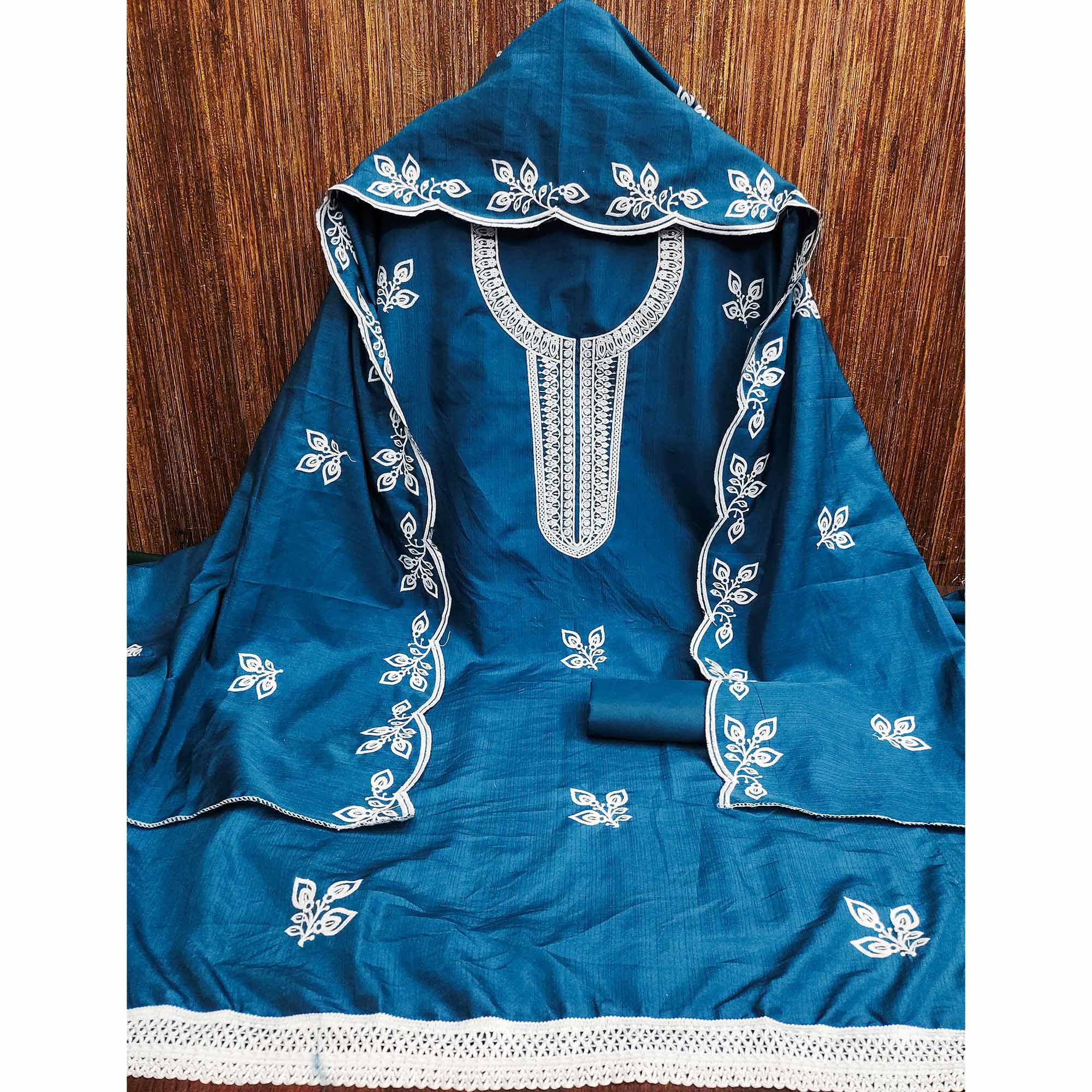 Blue Intricate Floral Embroidered Cotton Blend Dress Material