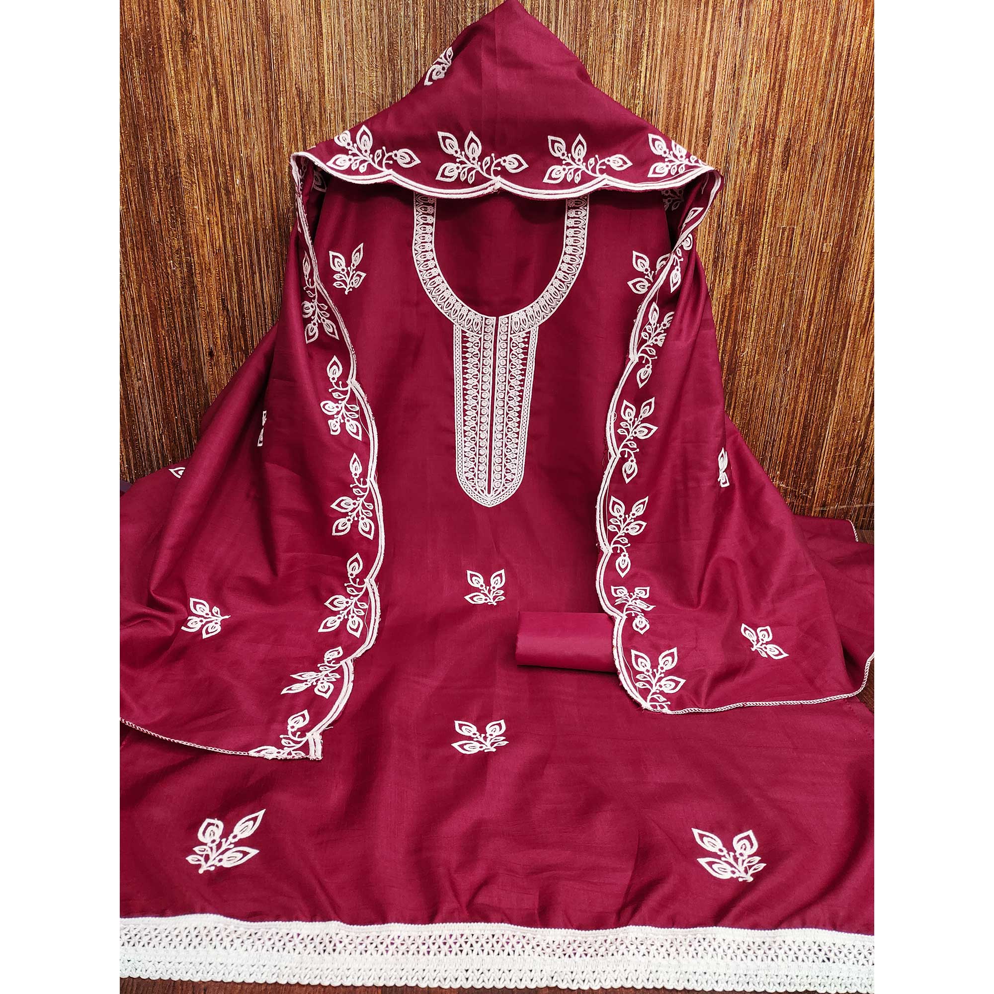 Pink Intricate Floral Embroidered Cotton Blend Dress Material