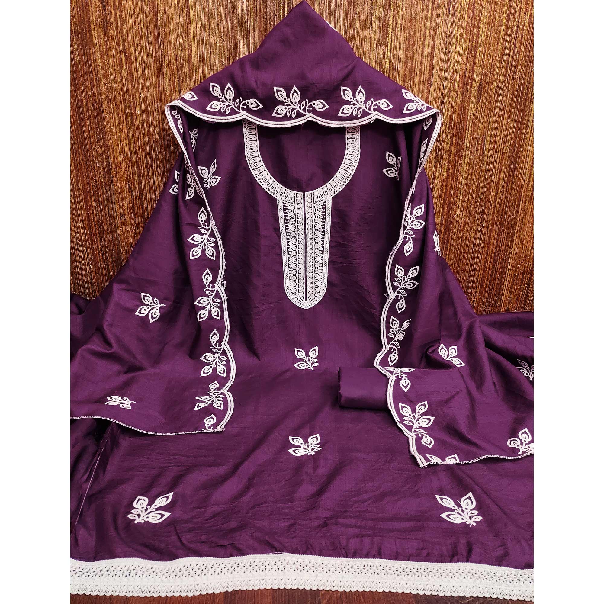 Purple Intricate Floral Embroidered Cotton Blend Dress Material
