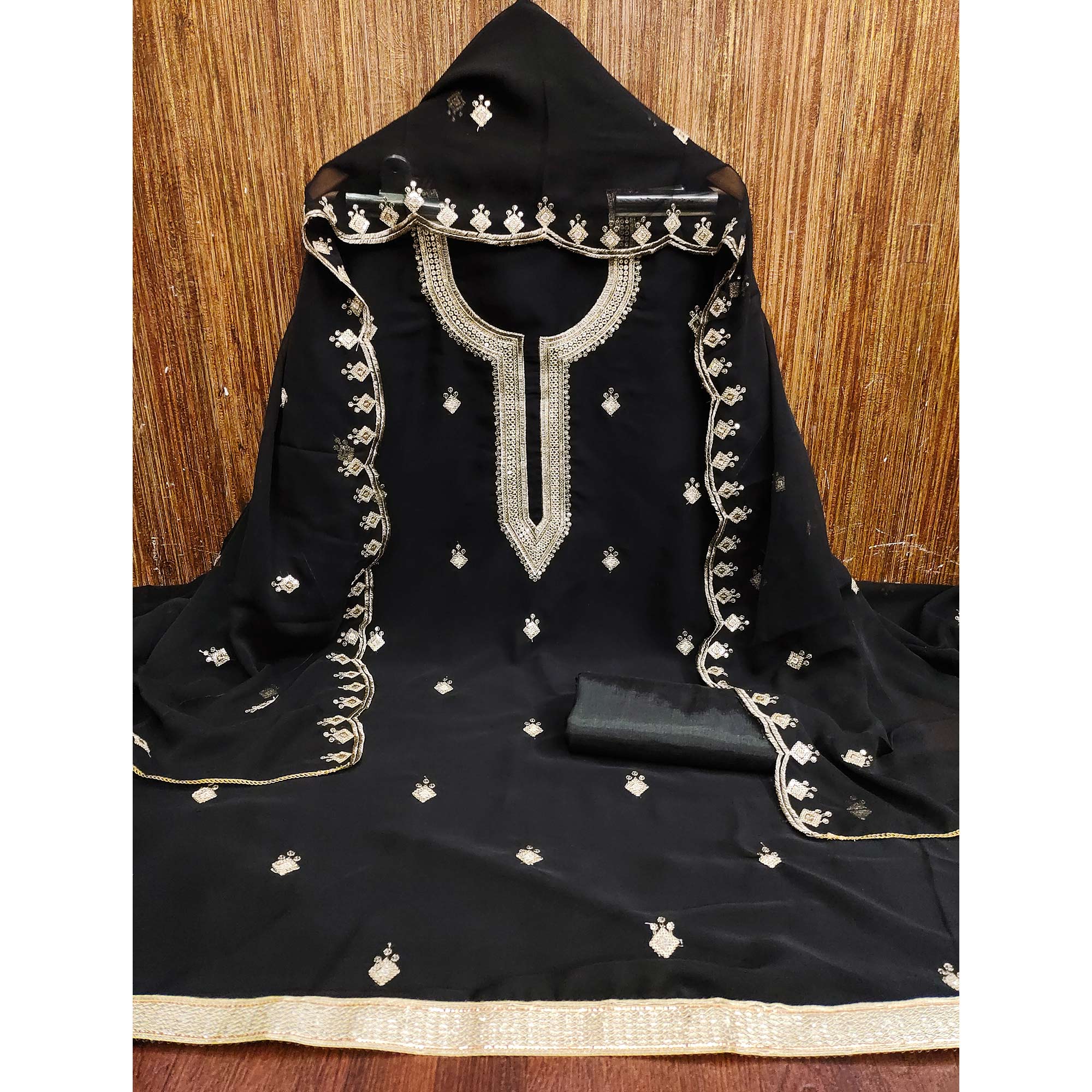 Rich Black Georgette Dress Material With Dazzling Sequins Embroidery