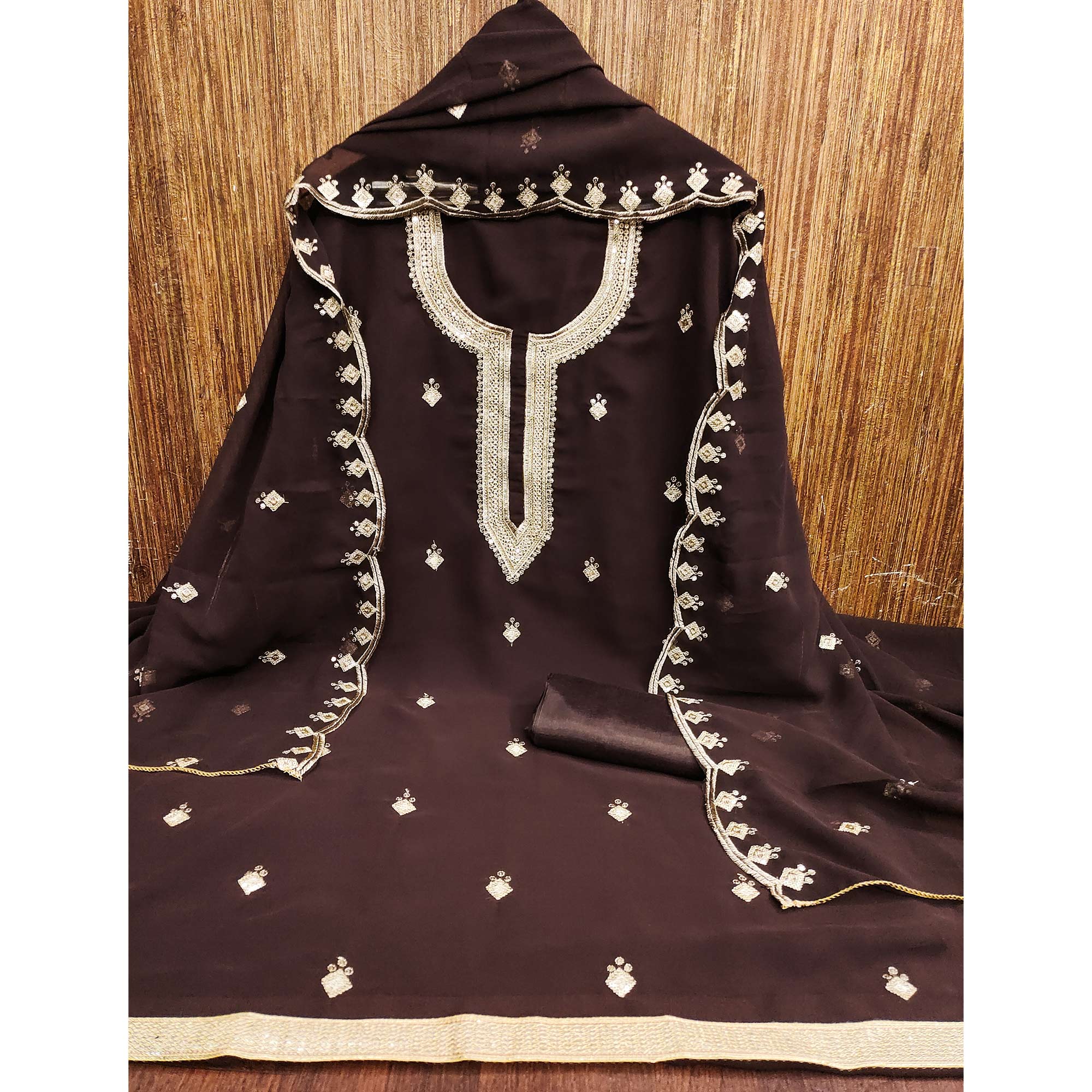 Rich Dark Brown Georgette Dress Material With Dazzling Sequins Embroidery