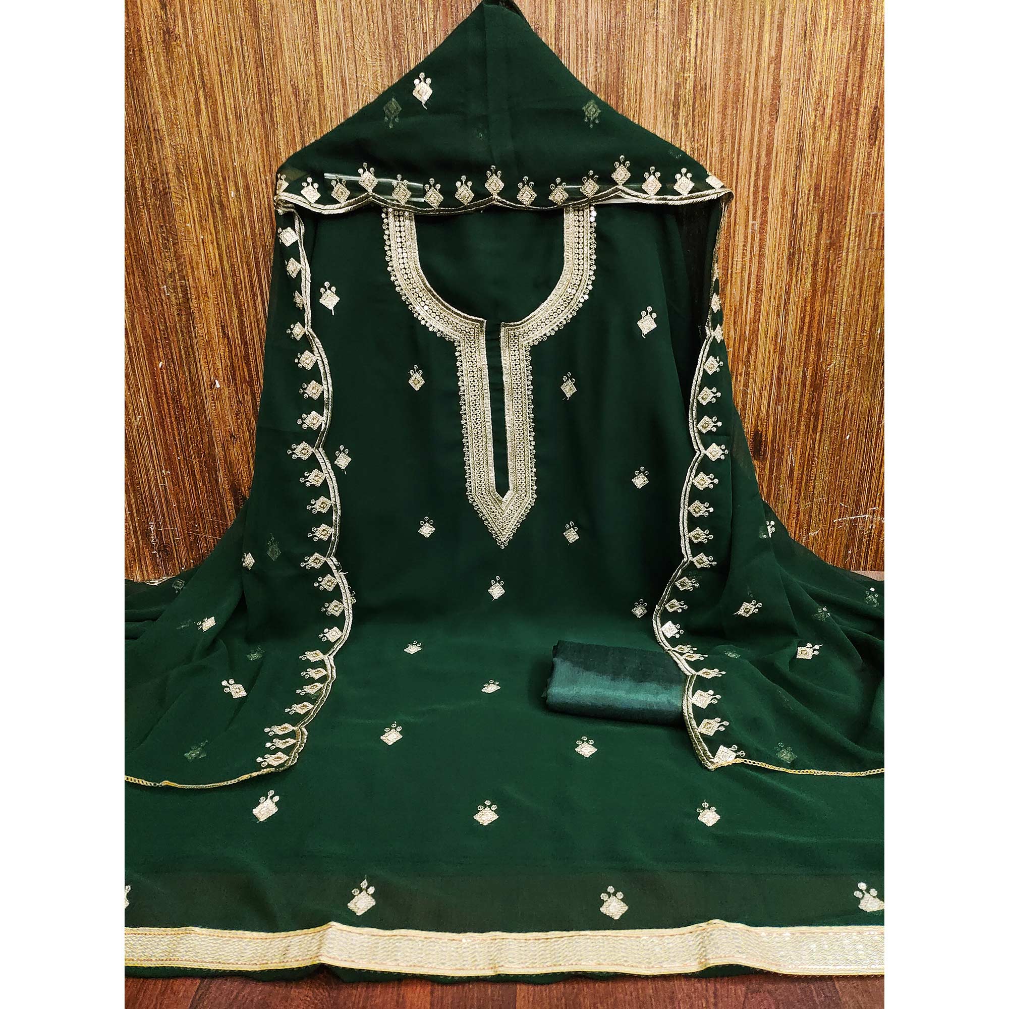 Rich Green Georgette Dress Material With Dazzling Sequins Embroidery