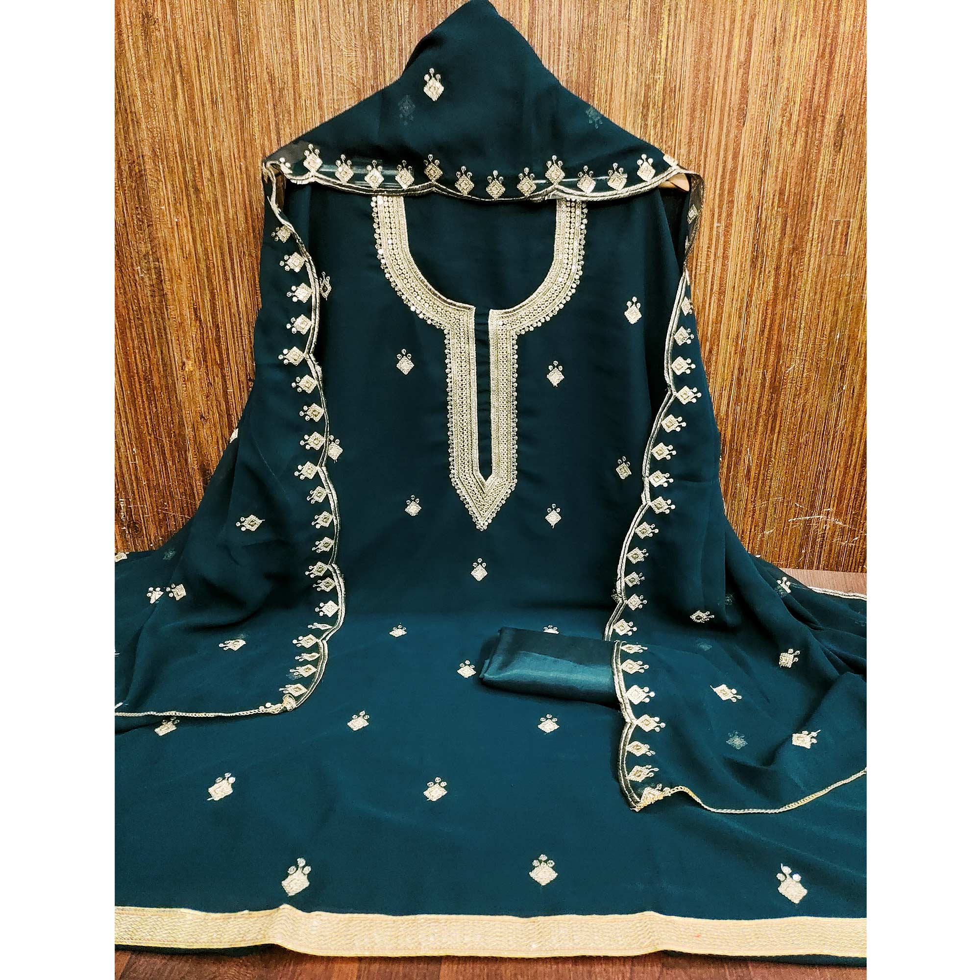 Rich Teal Georgette Dress Material With Dazzling Sequins Embroidery
