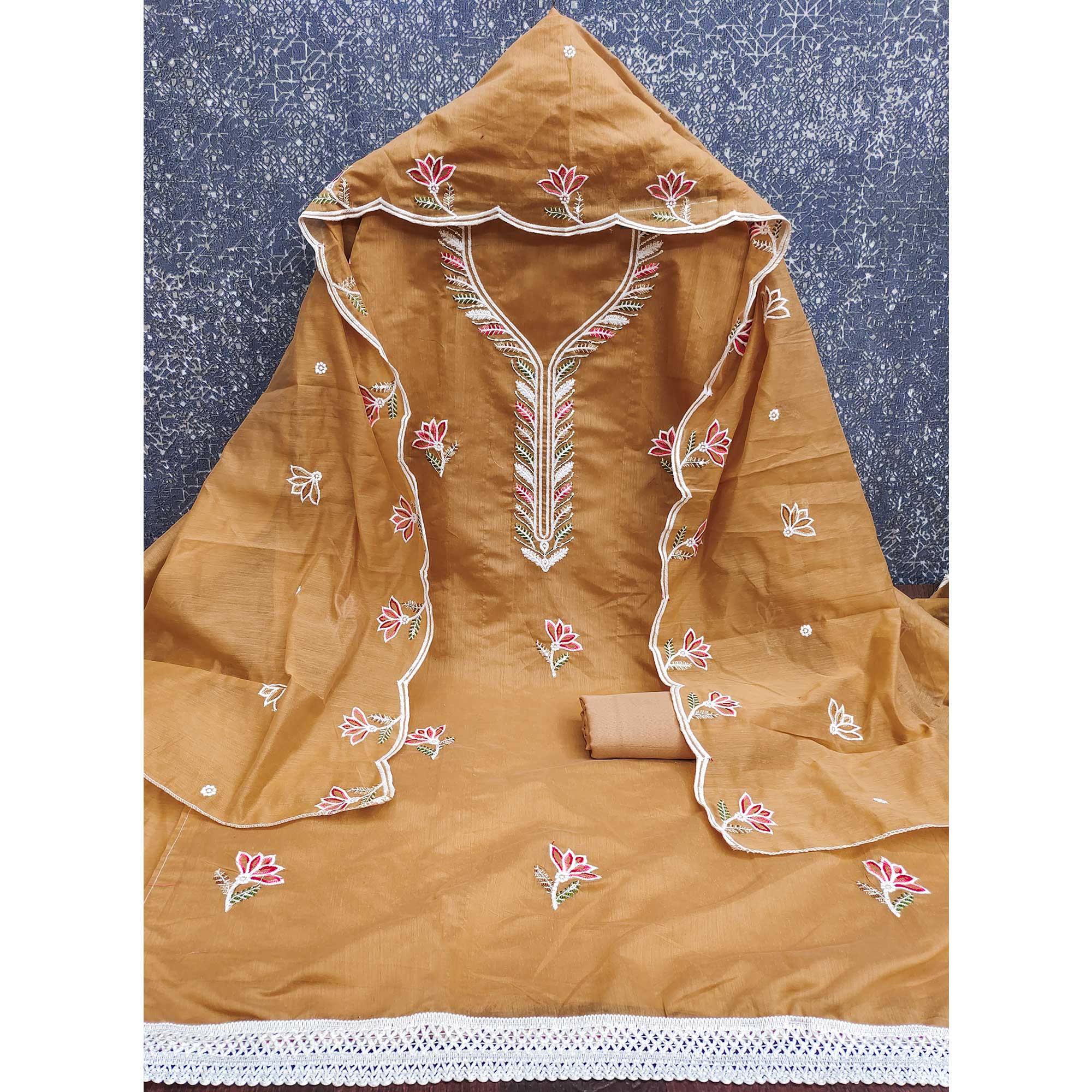 Luxurious Chikoo Chanderi Cotton Dress Material With Floral Thread Embroidery & Sequins