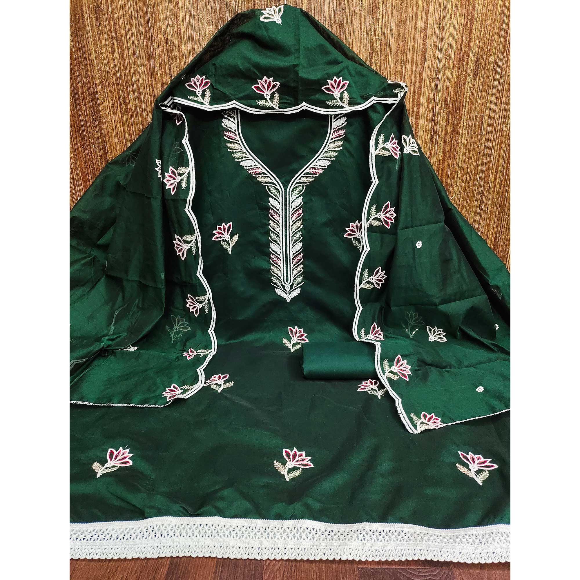 Elegant Green Chanderi Cotton Dress Material With Floral Thread Embroidery & Sequins Work