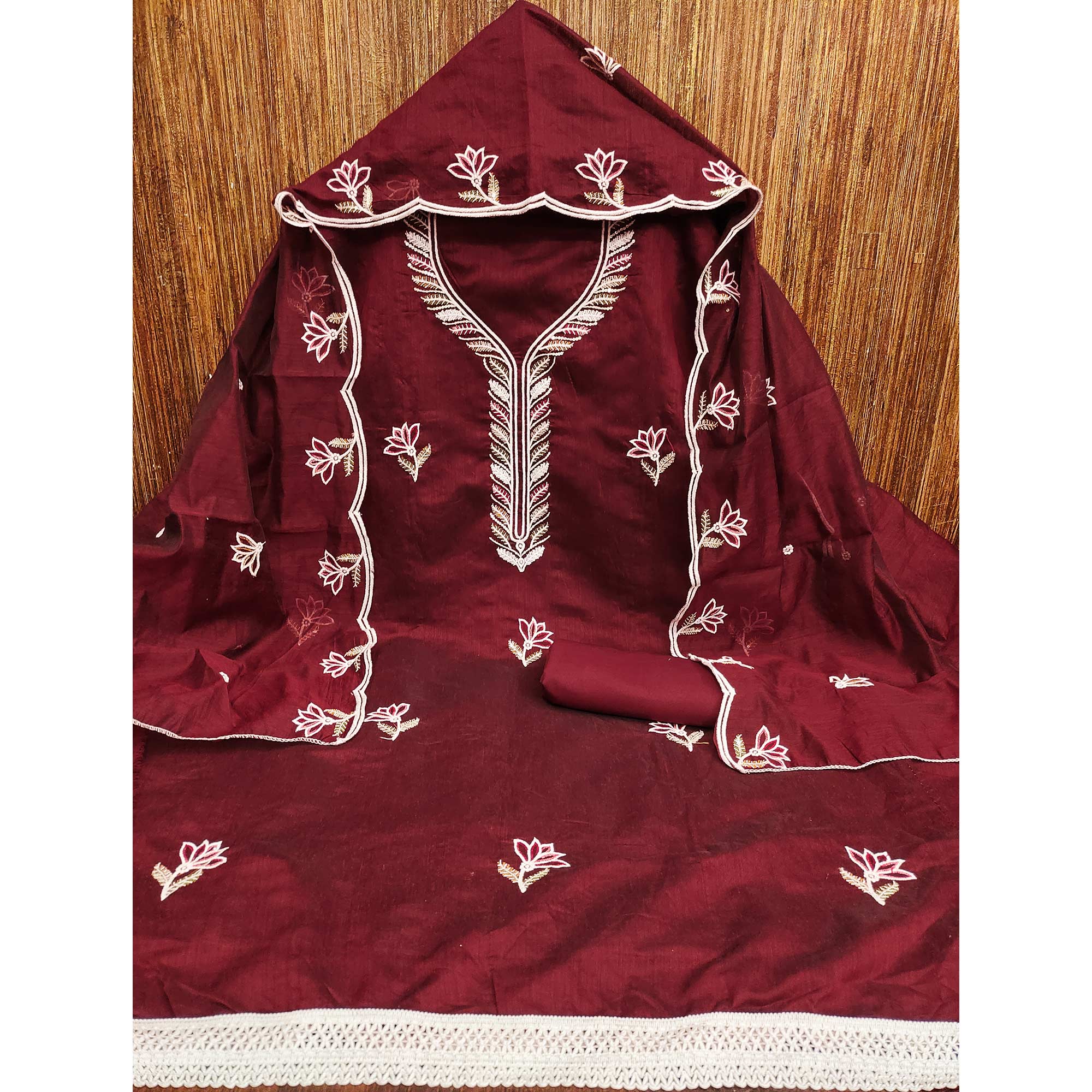 Rich Maroon Chanderi Cotton Dress Material With Exquisite Floral Thread Embroidery & Sequins Work