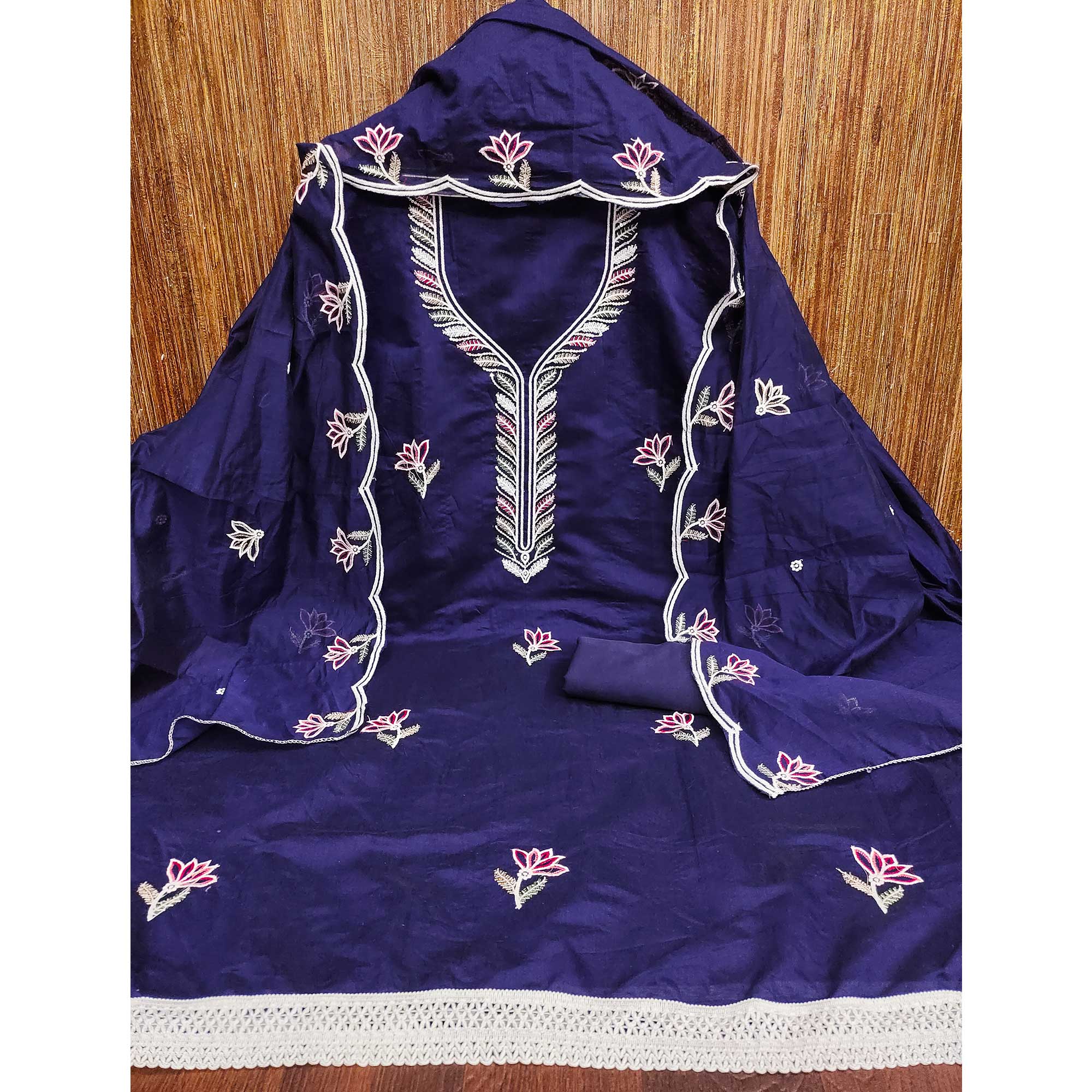 Graceful Navy Blue Chanderi Cotton Dress Material With Floral Thread Embroidery & Sequins Work