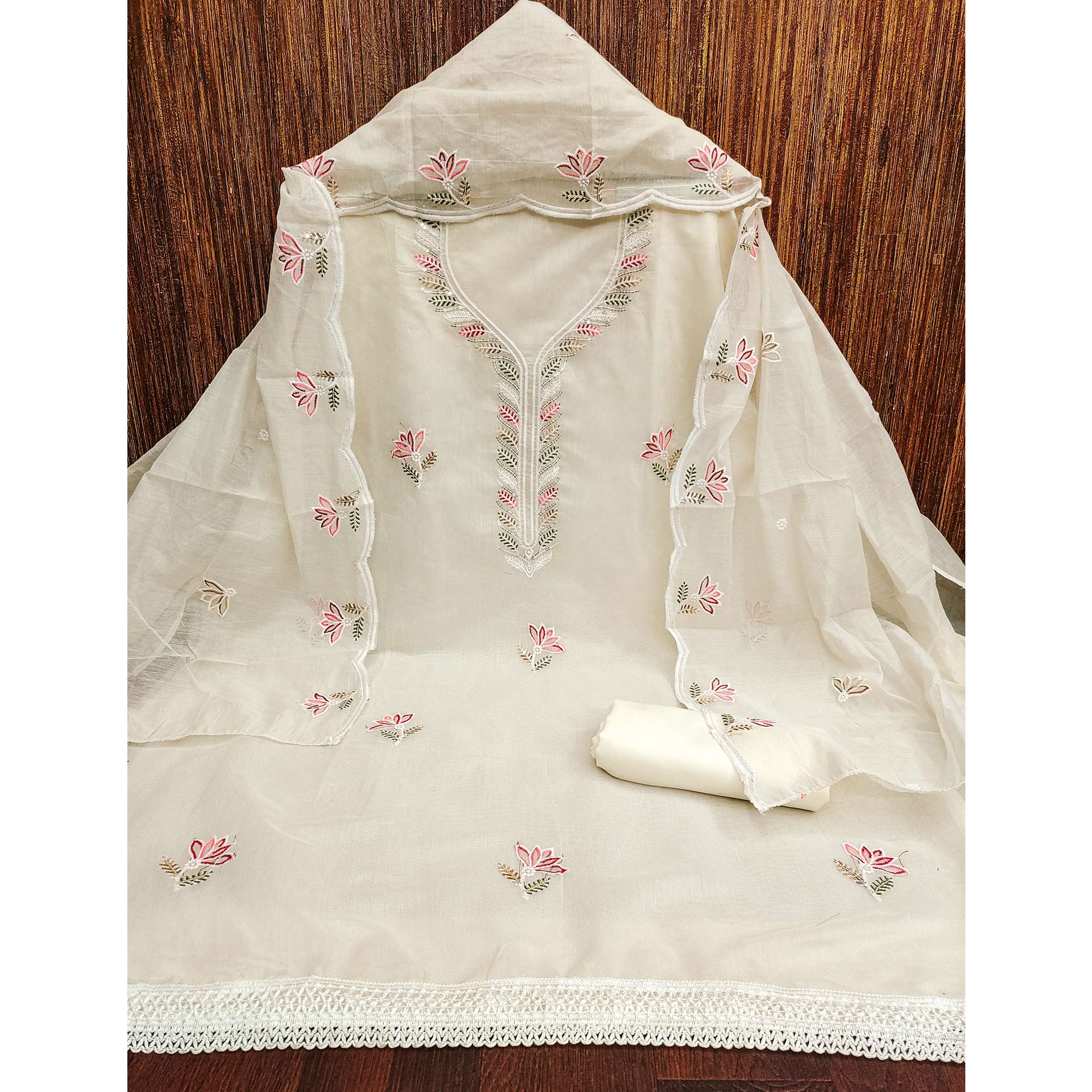 Elegant Off-White Chanderi Cotton Dress Material With Floral Thread Embroidery & Sequins Work