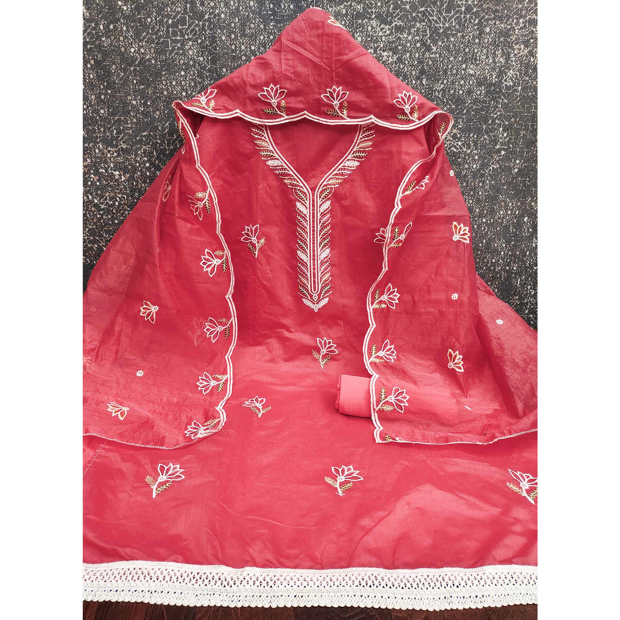 Graceful Pink Chanderi Cotton Dress Material With Floral Thread Embroidery & Sequins