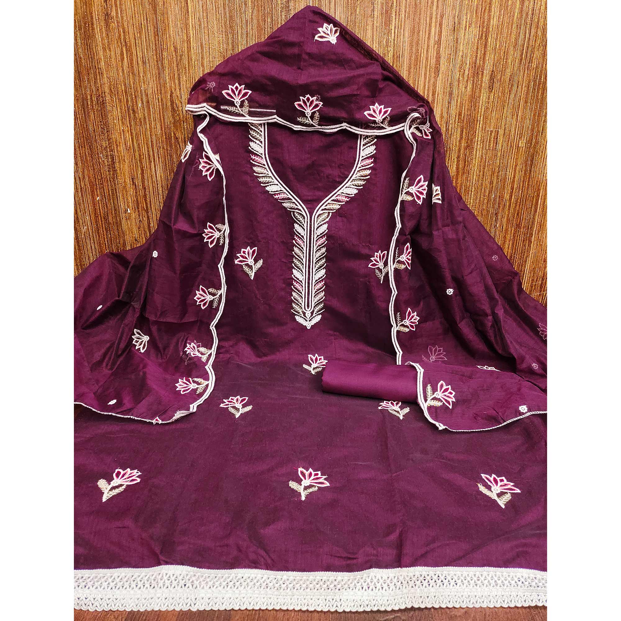 Luxurious Wine Chanderi Cotton Dress Material With Floral Thread Embroidery & Sequins Work